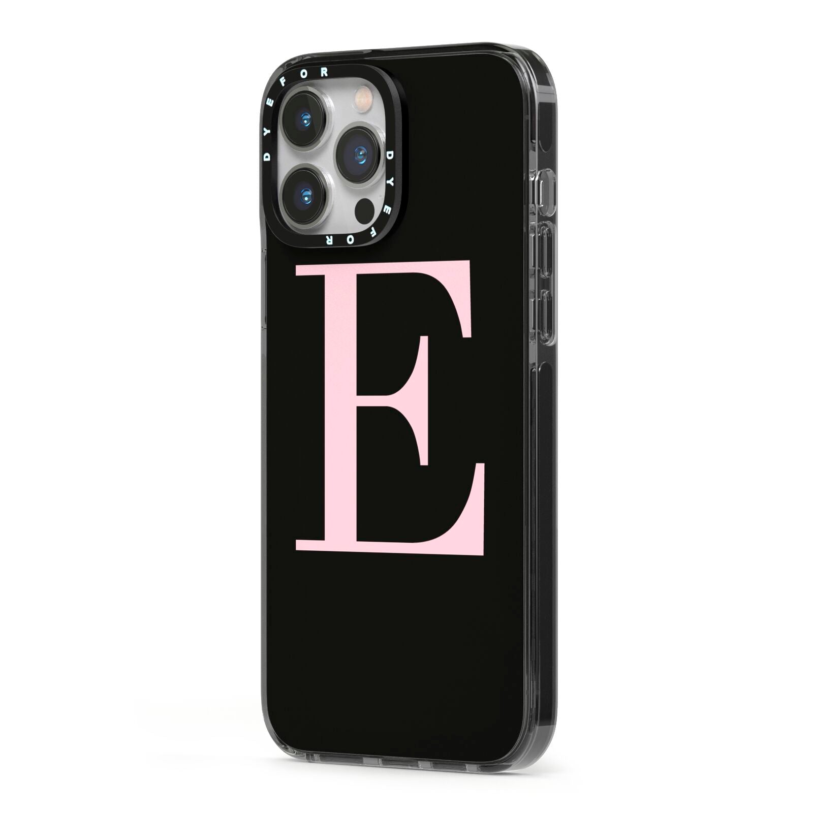 Black with Pink Personalised Monogram iPhone 13 Pro Max Black Impact Case Side Angle on Silver phone