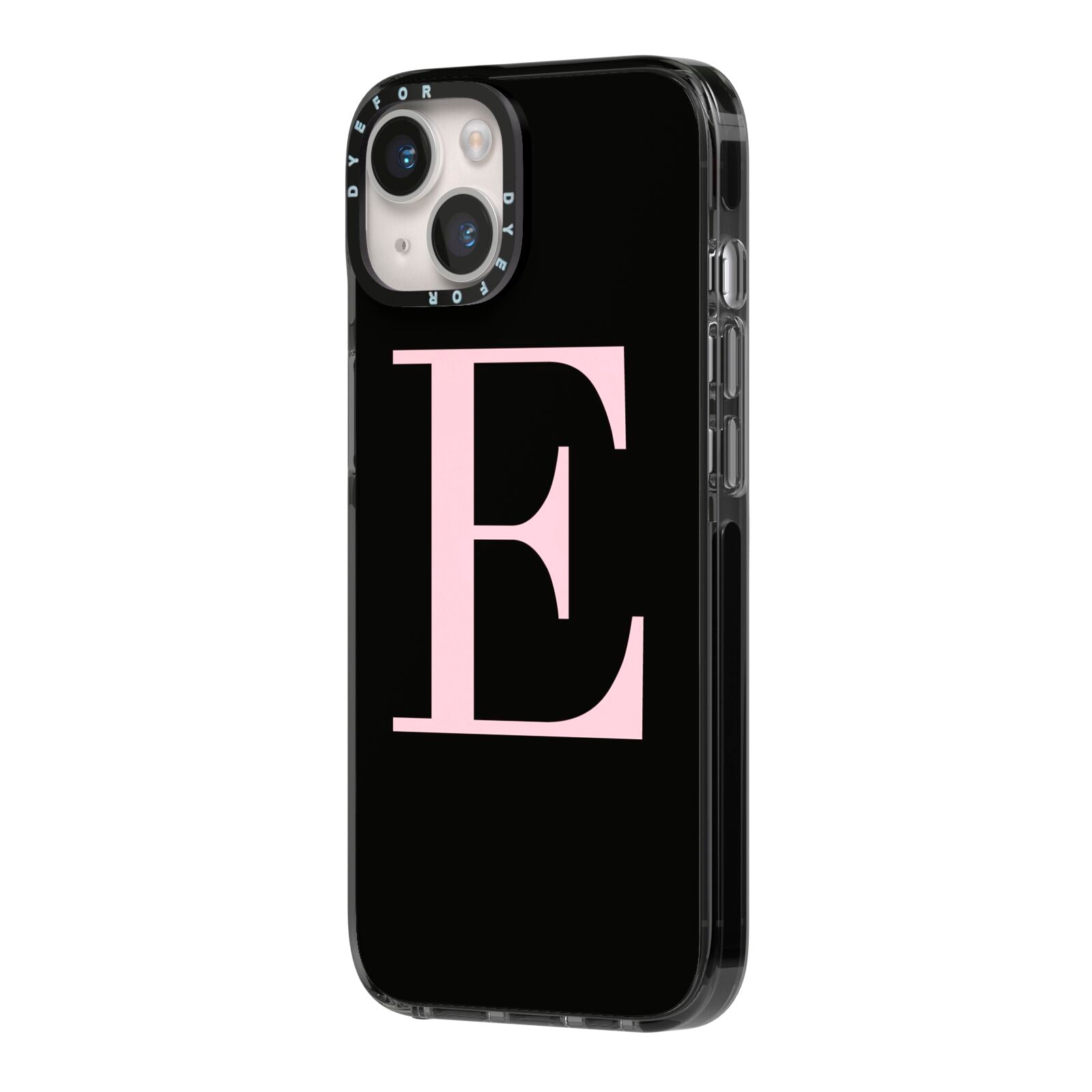 Black with Pink Personalised Monogram iPhone 14 Black Impact Case Side Angle on Silver phone