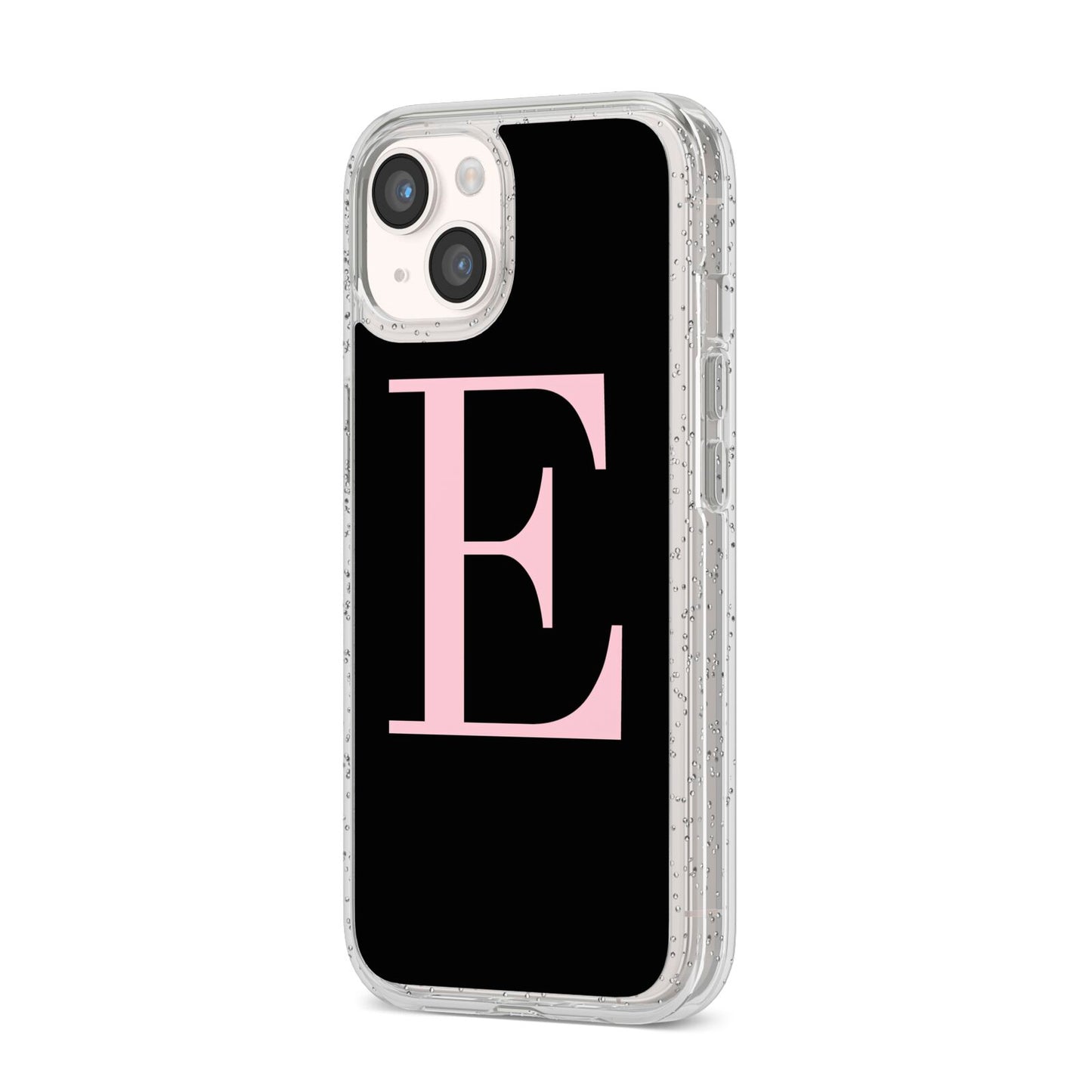 Black with Pink Personalised Monogram iPhone 14 Glitter Tough Case Starlight Angled Image