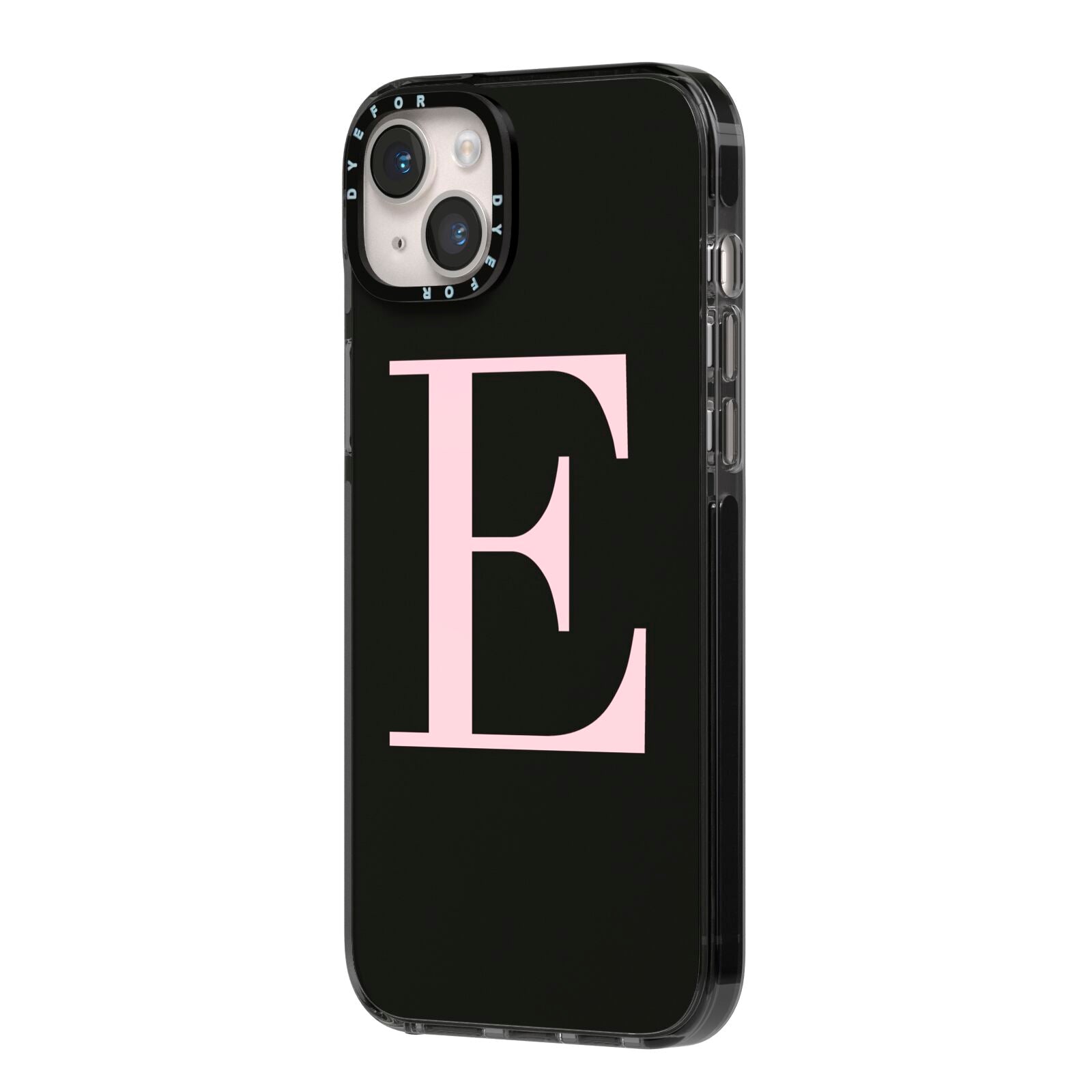 Black with Pink Personalised Monogram iPhone 14 Plus Black Impact Case Side Angle on Silver phone