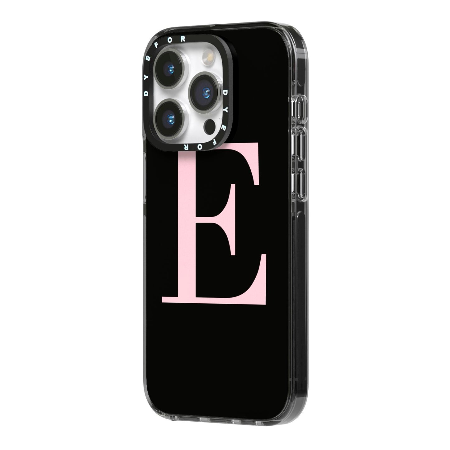 Black with Pink Personalised Monogram iPhone 14 Pro Black Impact Case Side Angle on Silver phone