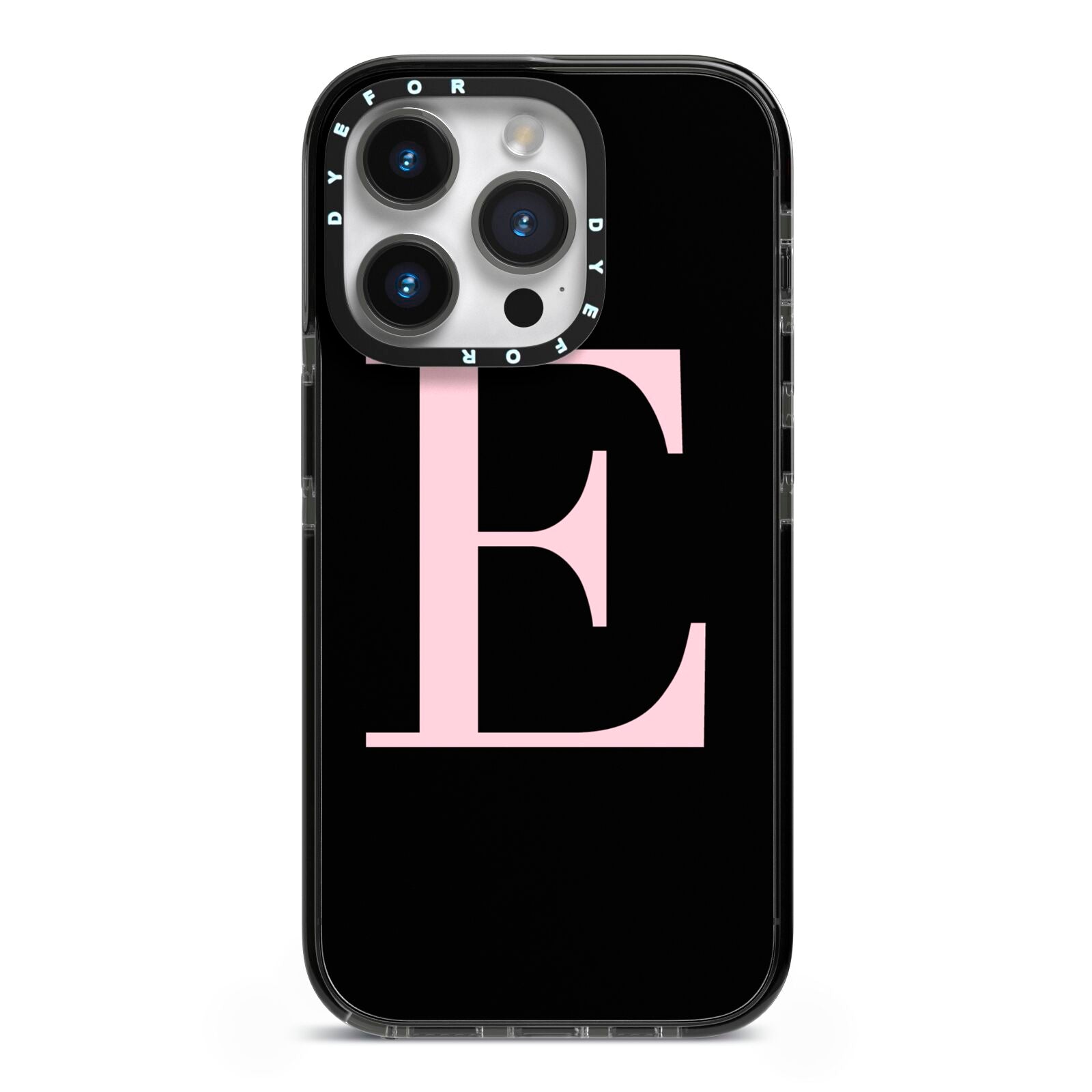 Black with Pink Personalised Monogram iPhone 14 Pro Black Impact Case on Silver phone