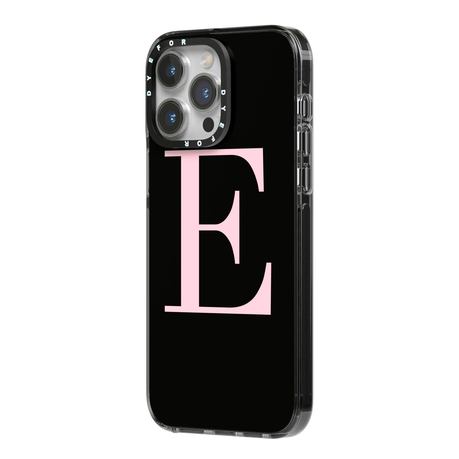 Black with Pink Personalised Monogram iPhone 14 Pro Max Black Impact Case Side Angle on Silver phone