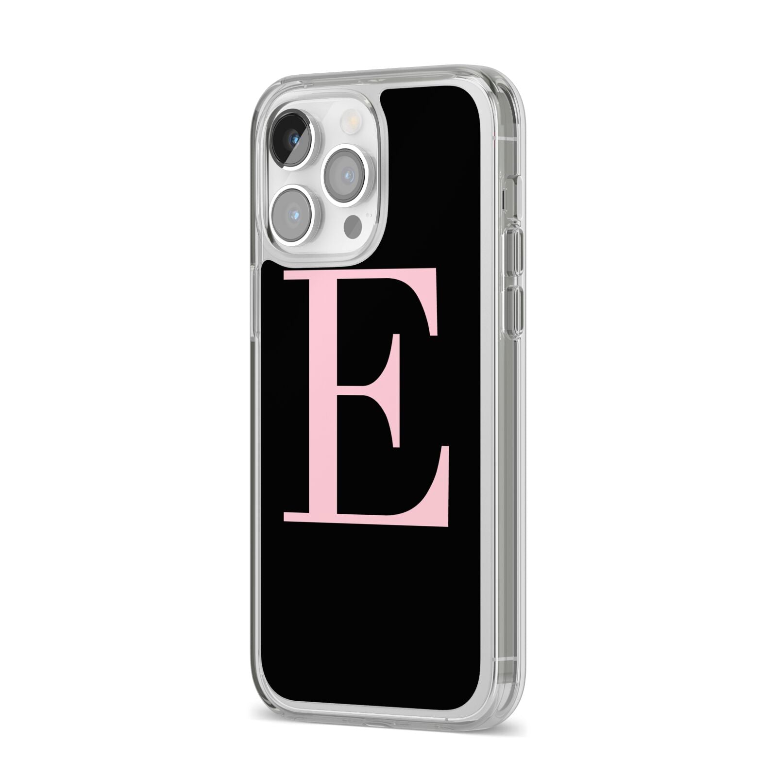 Black with Pink Personalised Monogram iPhone 14 Pro Max Clear Tough Case Silver Angled Image