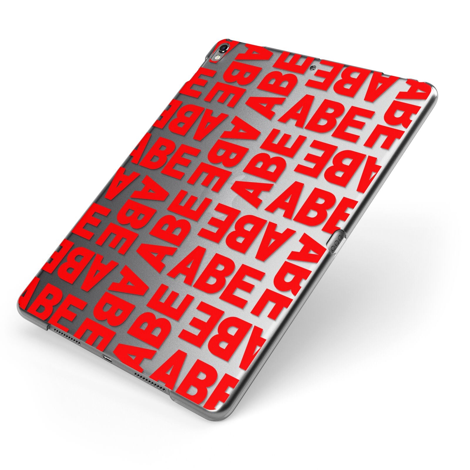 Block Red Custom Text Apple iPad Case on Grey iPad Side View