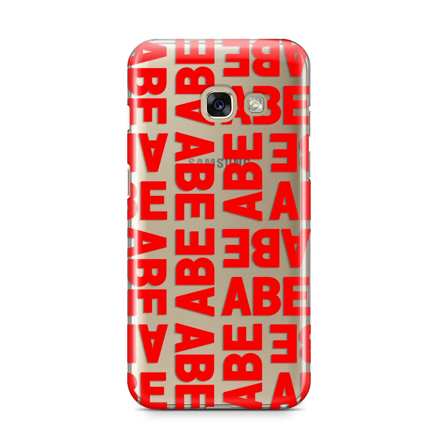 Block Red Custom Text Samsung Galaxy A3 2017 Case on gold phone