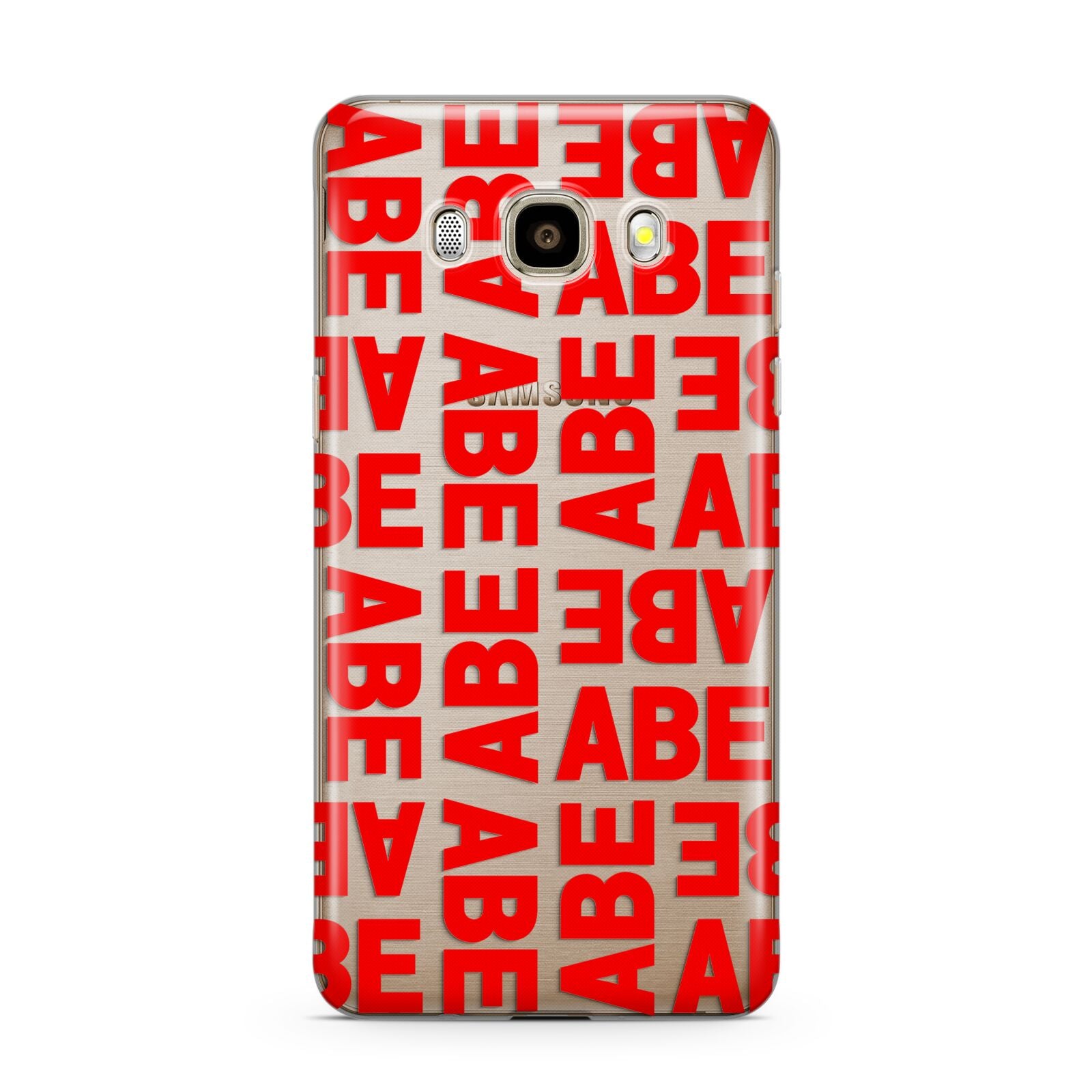 Block Red Custom Text Samsung Galaxy J7 2016 Case on gold phone