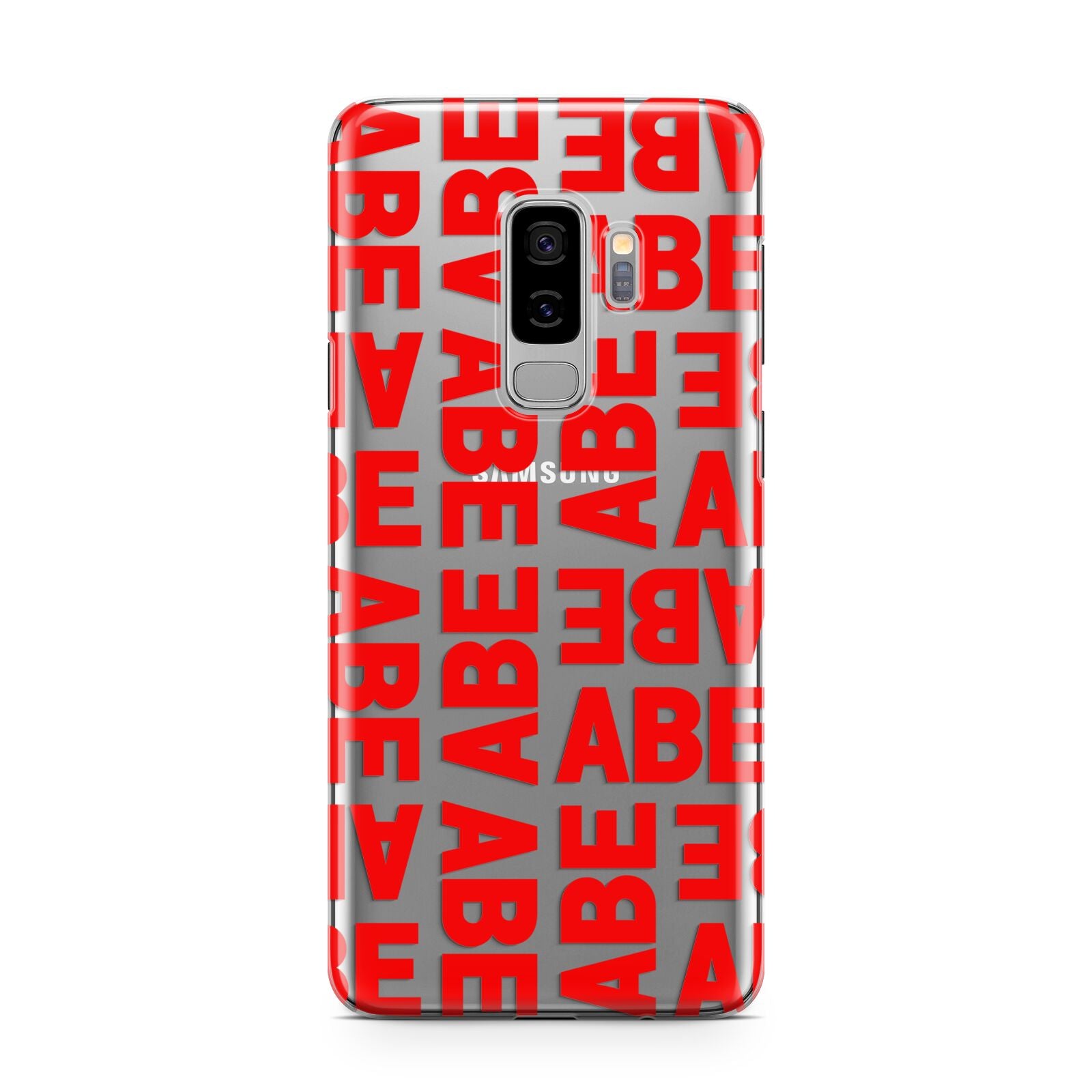 Block Red Custom Text Samsung Galaxy S9 Plus Case on Silver phone