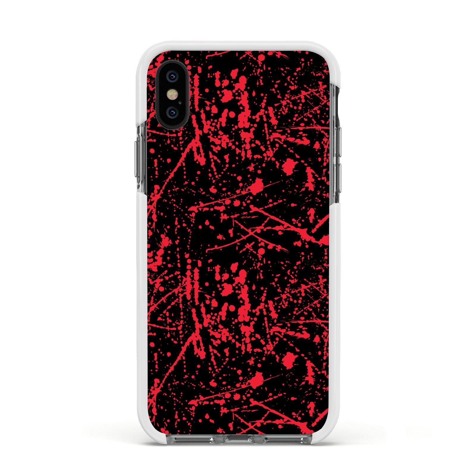 Blood Splatters Apple iPhone Xs Impact Case White Edge on Black Phone