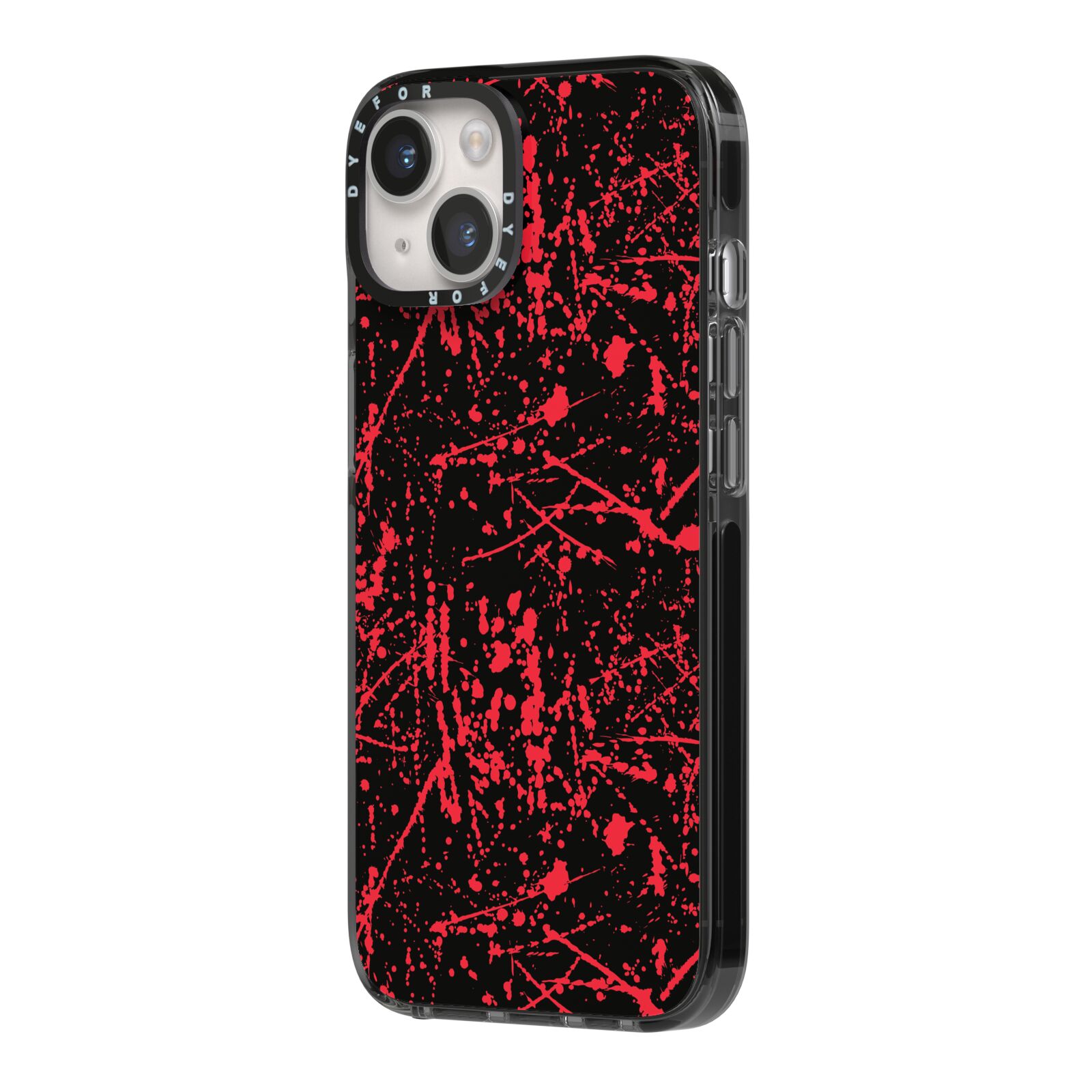 Blood Splatters iPhone 14 Black Impact Case Side Angle on Silver phone