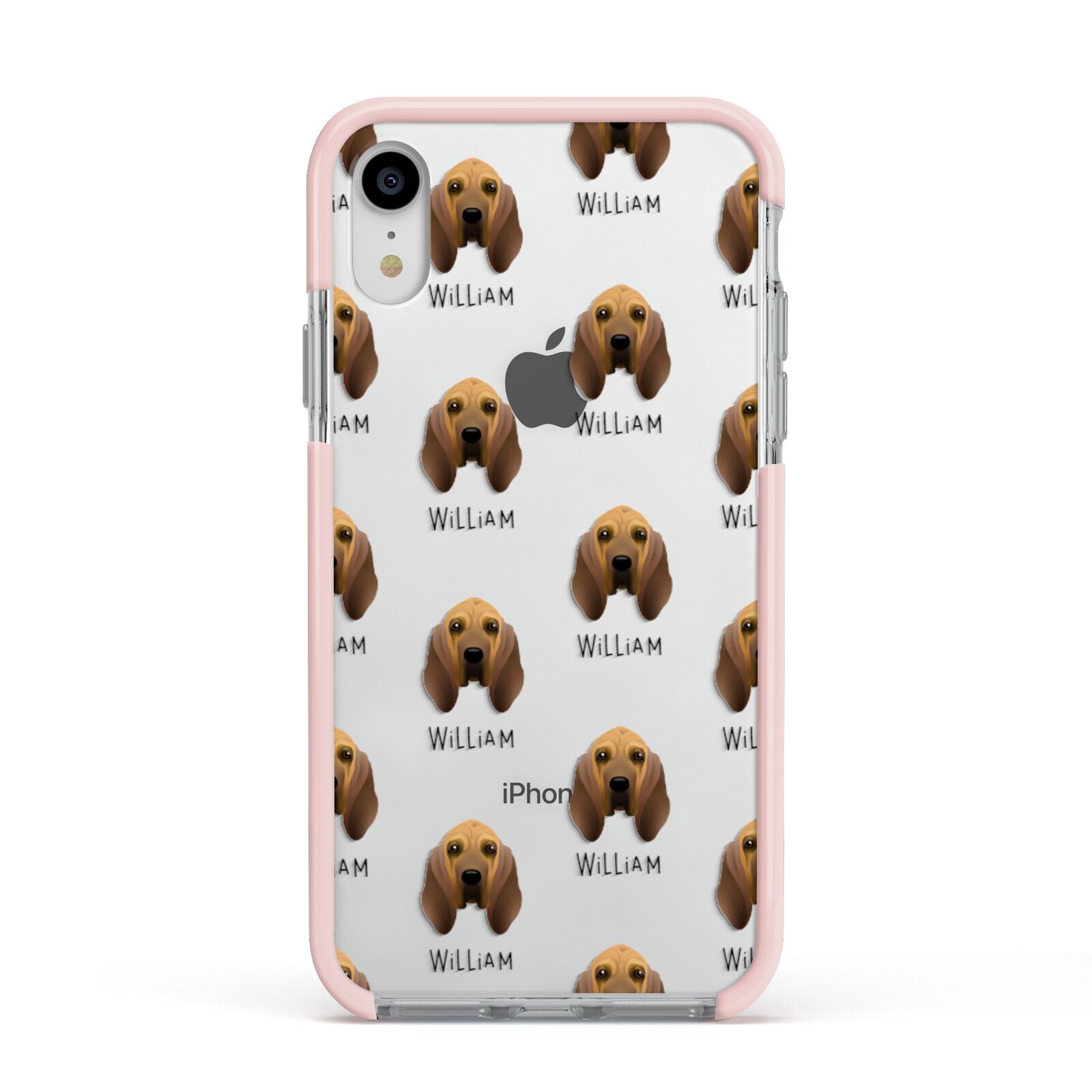 Bloodhound Icon with Name Apple iPhone XR Impact Case Pink Edge on Silver Phone