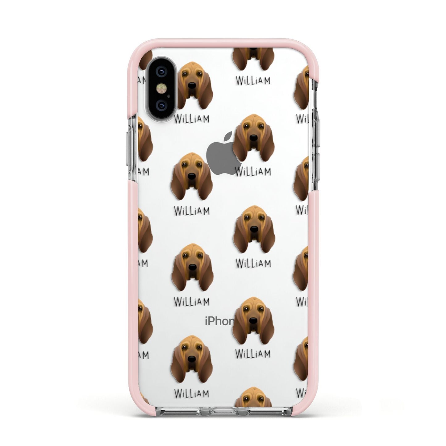 Bloodhound Icon with Name Apple iPhone Xs Impact Case Pink Edge on Silver Phone