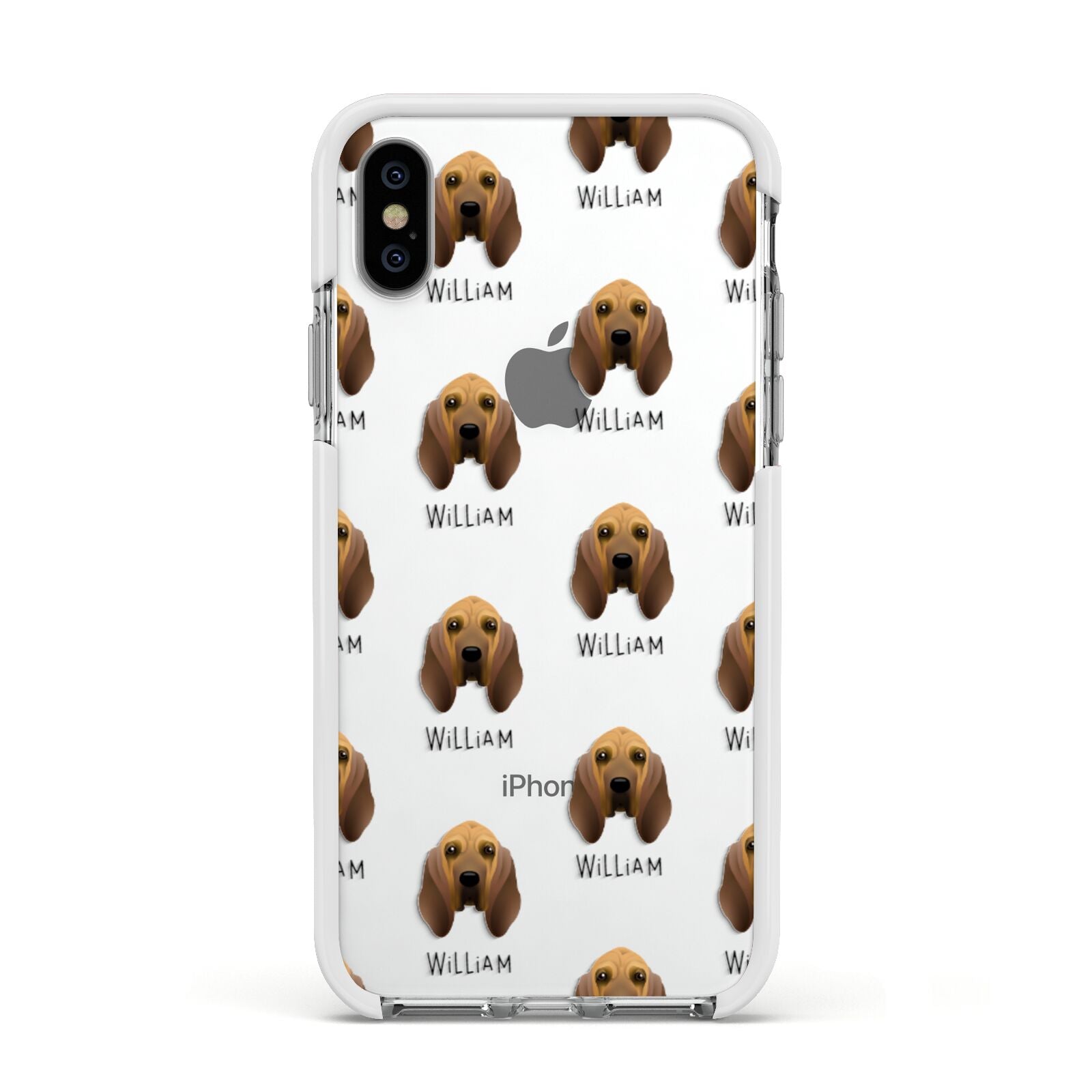 Bloodhound Icon with Name Apple iPhone Xs Impact Case White Edge on Silver Phone