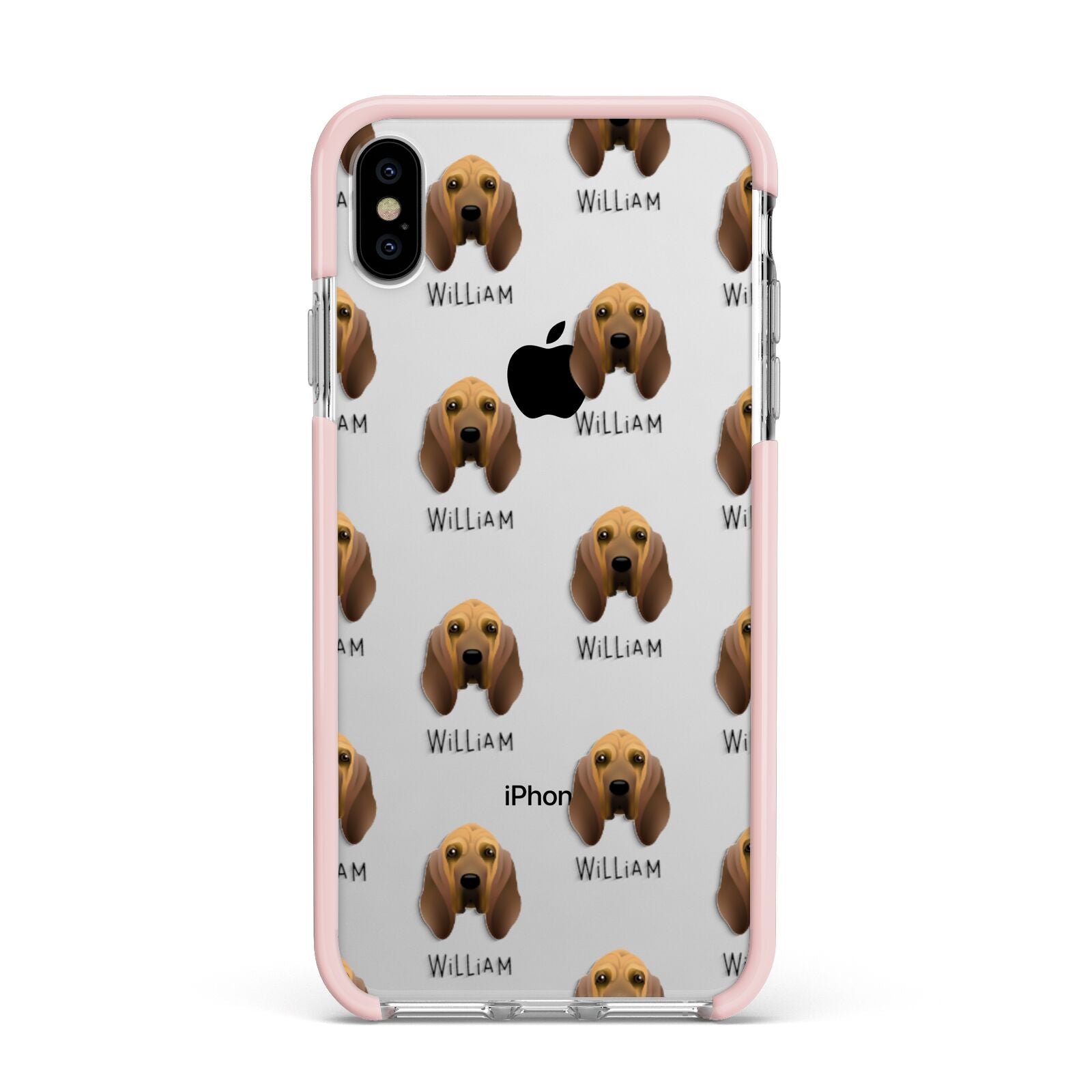 Bloodhound Icon with Name Apple iPhone Xs Max Impact Case Pink Edge on Silver Phone
