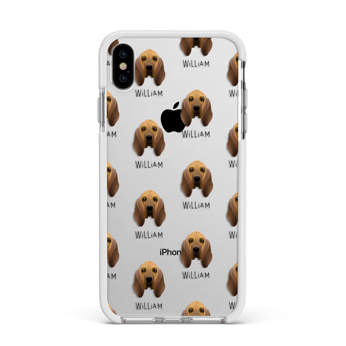 Bloodhound Icon with Name Apple iPhone Xs Max Impact Case White Edge on Silver Phone