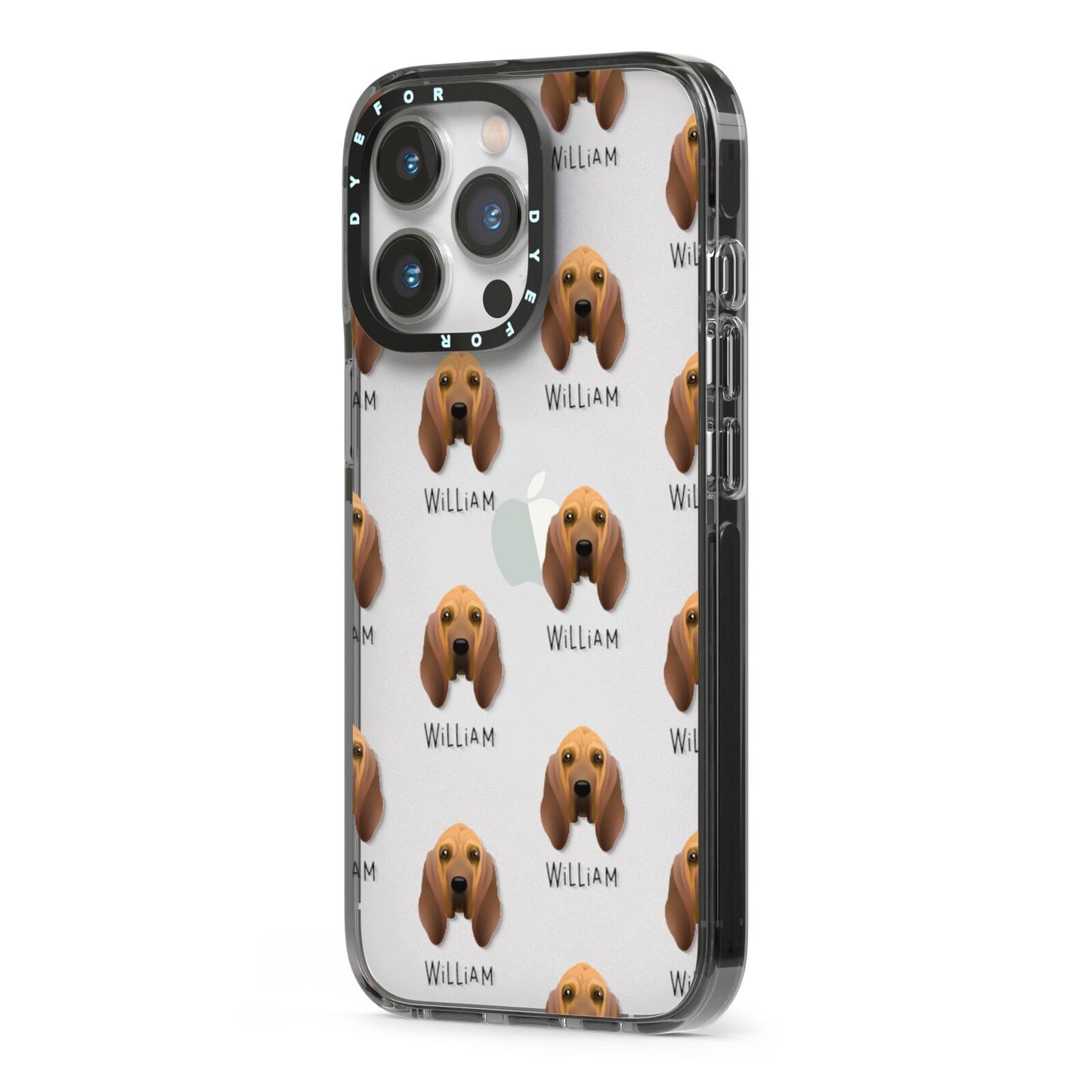 Bloodhound Icon with Name iPhone 13 Pro Black Impact Case Side Angle on Silver phone