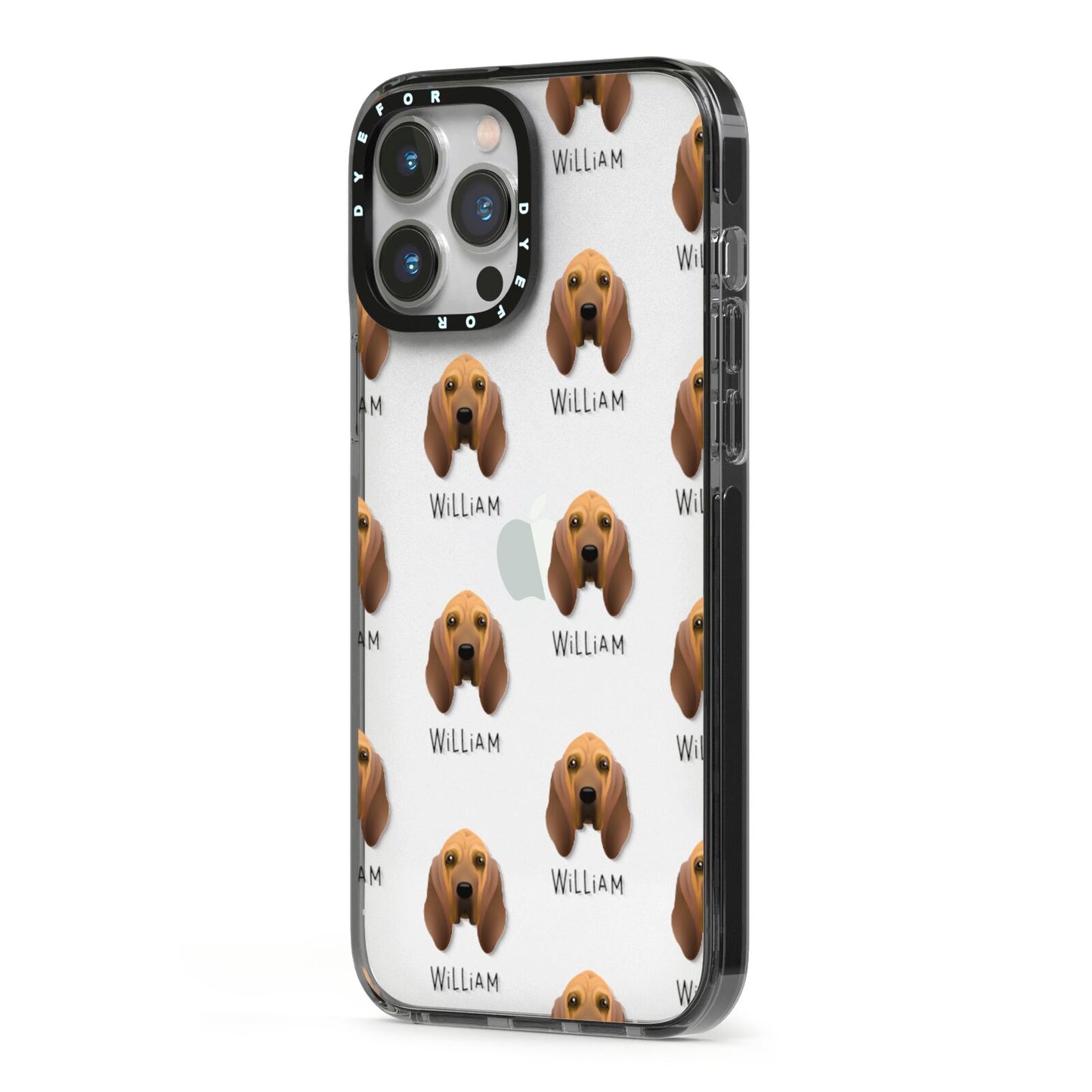 Bloodhound Icon with Name iPhone 13 Pro Max Black Impact Case Side Angle on Silver phone