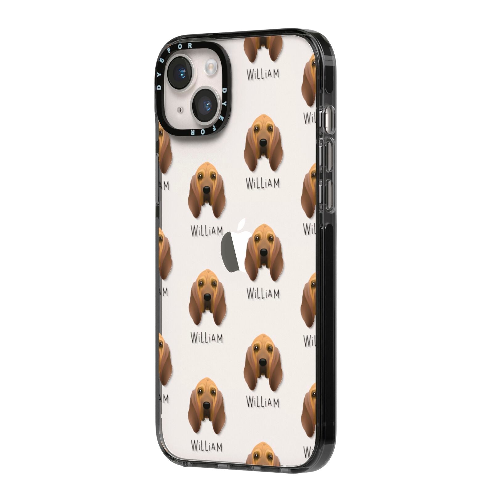 Bloodhound Icon with Name iPhone 14 Plus Black Impact Case Side Angle on Silver phone
