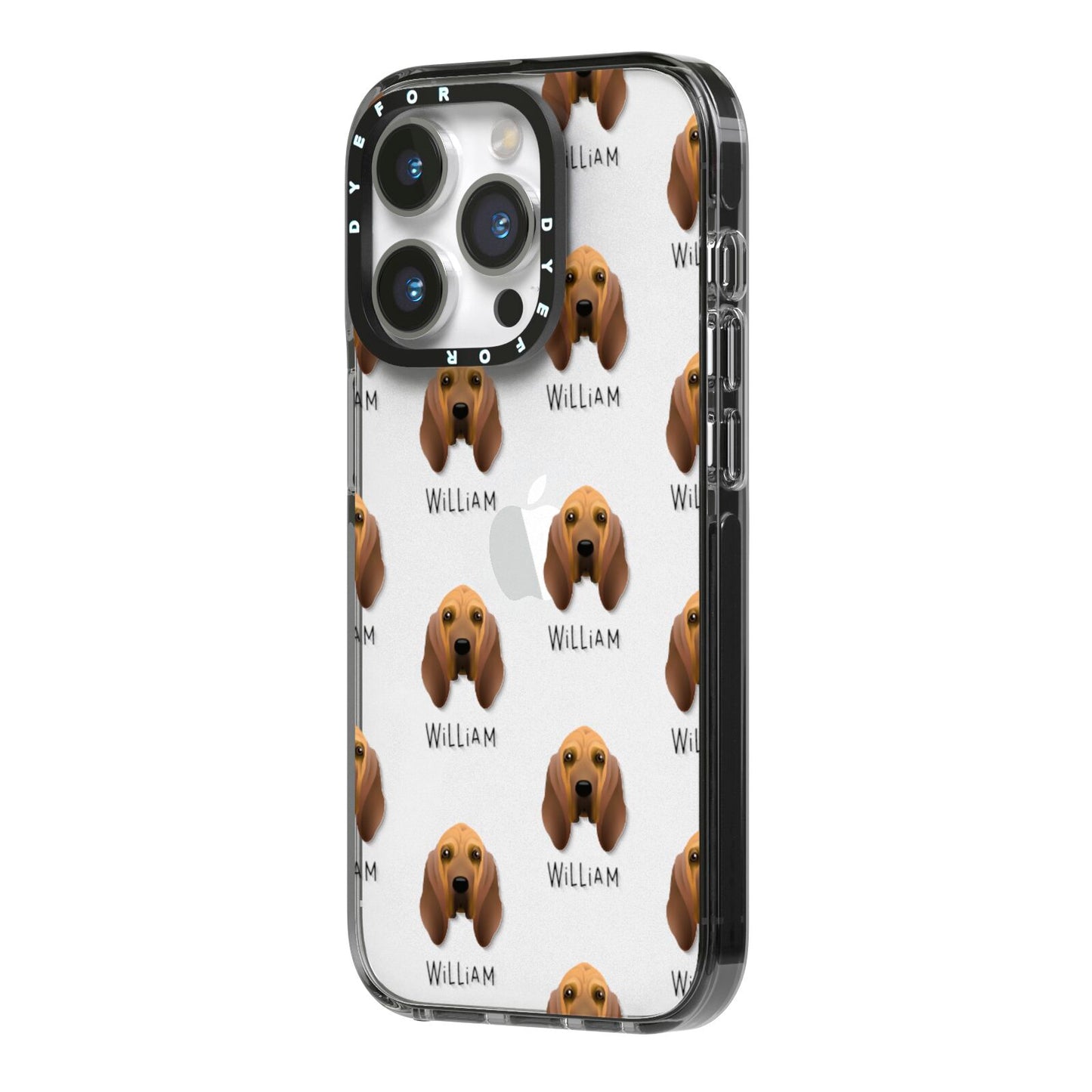 Bloodhound Icon with Name iPhone 14 Pro Black Impact Case Side Angle on Silver phone