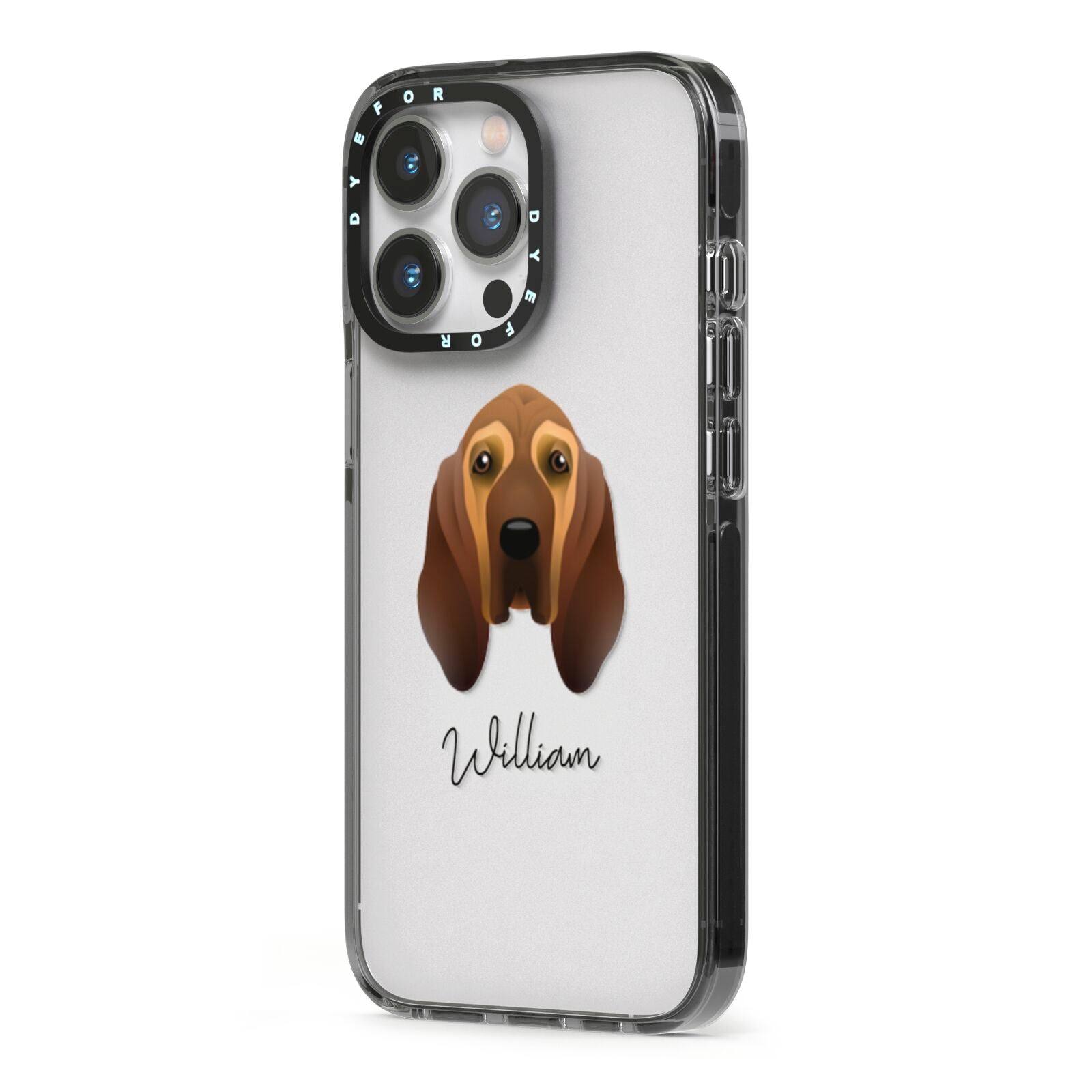 Bloodhound Personalised iPhone 13 Pro Black Impact Case Side Angle on Silver phone
