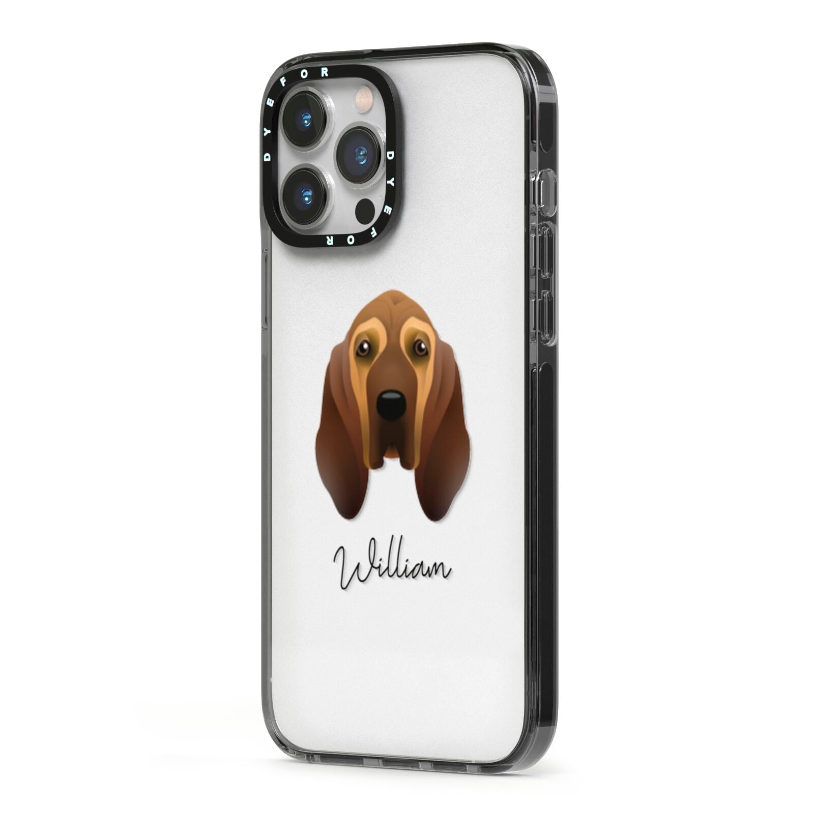 Bloodhound Personalised iPhone 13 Pro Max Black Impact Case Side Angle on Silver phone