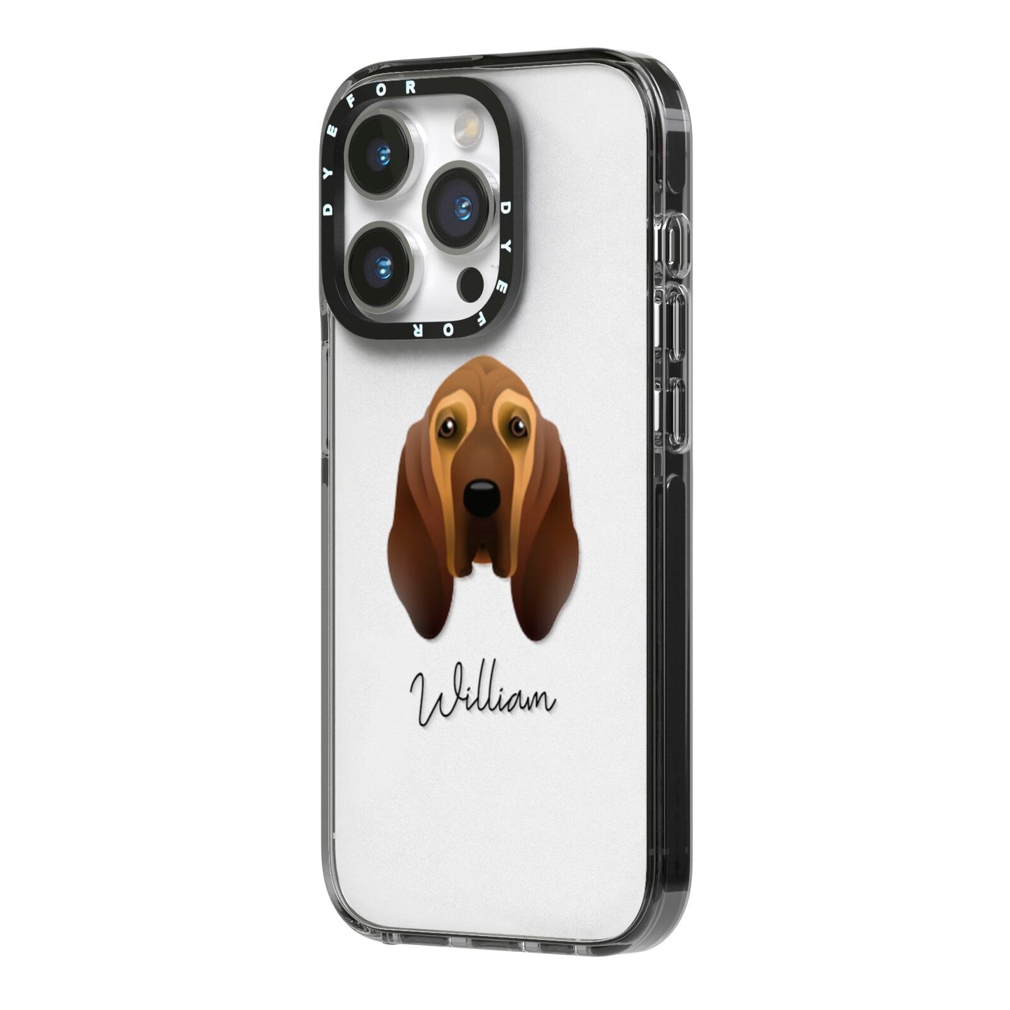 Bloodhound Personalised iPhone 14 Pro Black Impact Case Side Angle on Silver phone