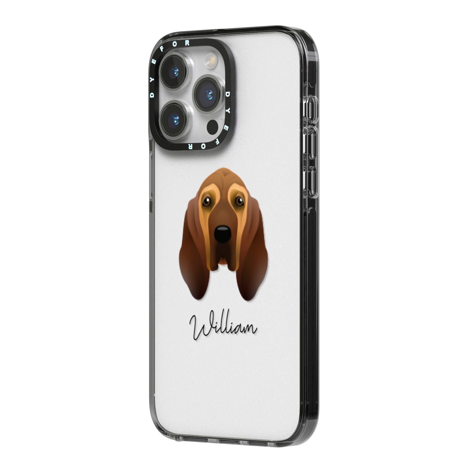 Bloodhound Personalised iPhone 14 Pro Max Black Impact Case Side Angle on Silver phone