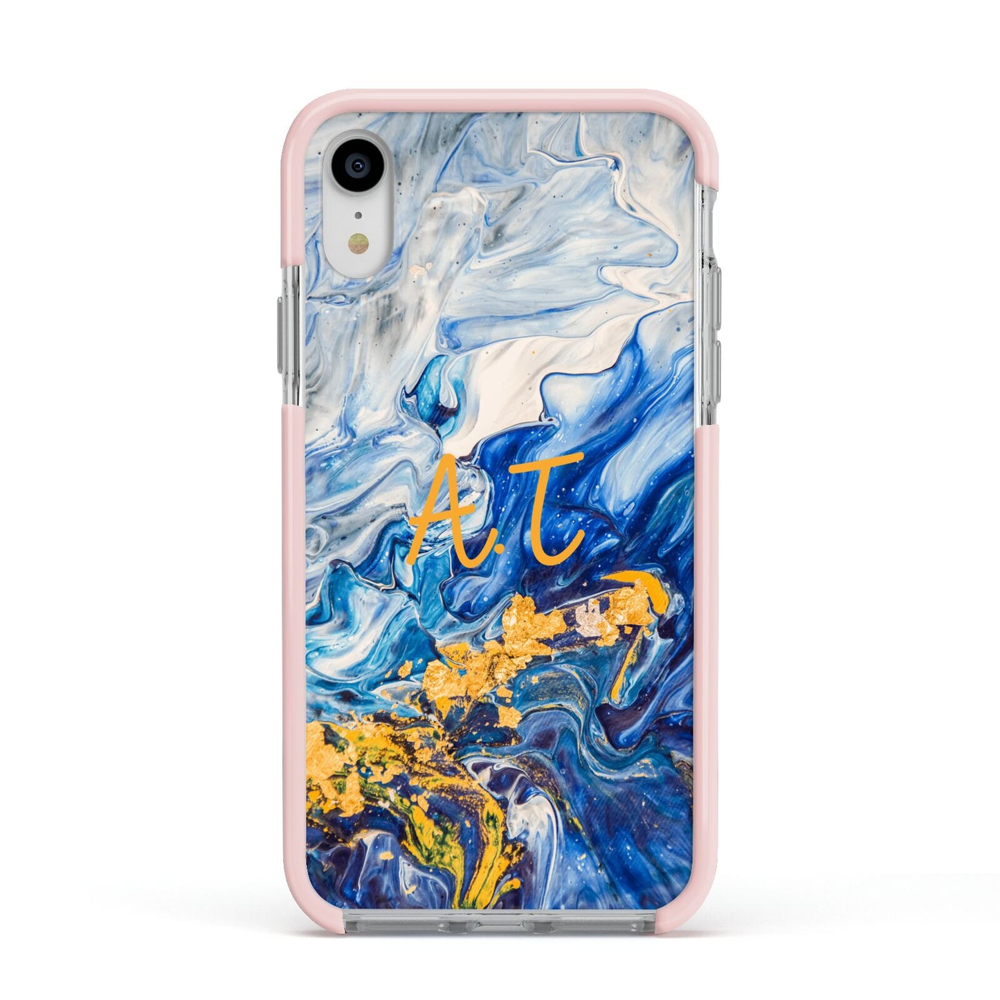 Blue And Gold Marble Apple iPhone XR Impact Case Pink Edge on Silver Phone