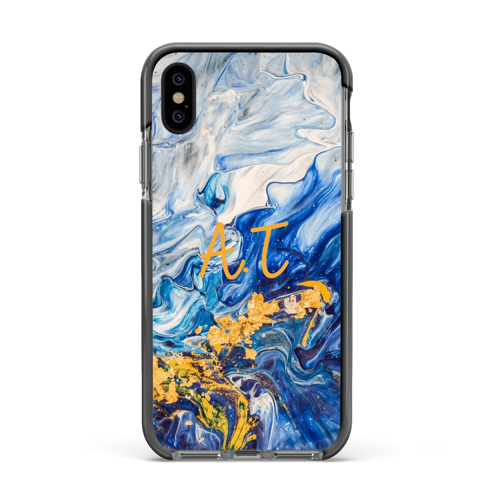 Blue And Gold Marble Apple iPhone Xs Impact Case Black Edge on Black Phone