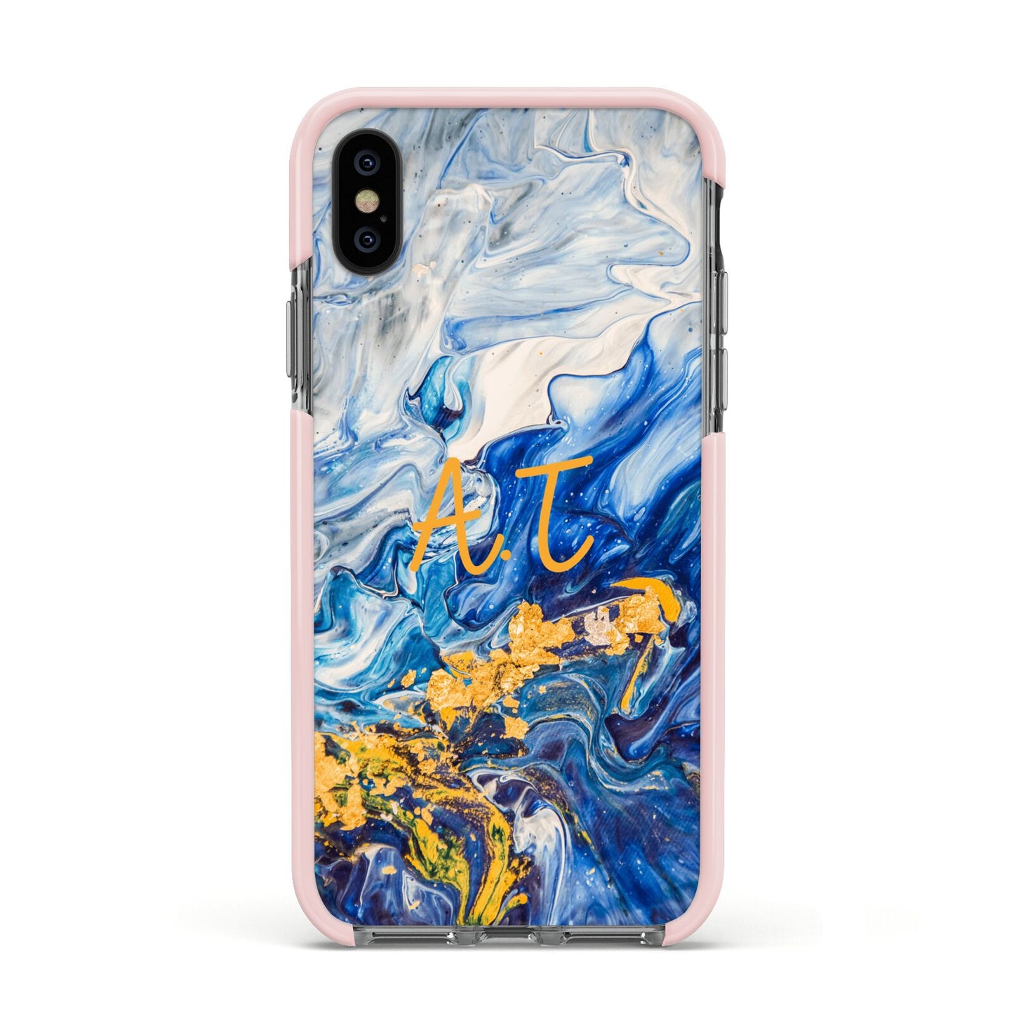 Blue And Gold Marble Apple iPhone Xs Impact Case Pink Edge on Black Phone