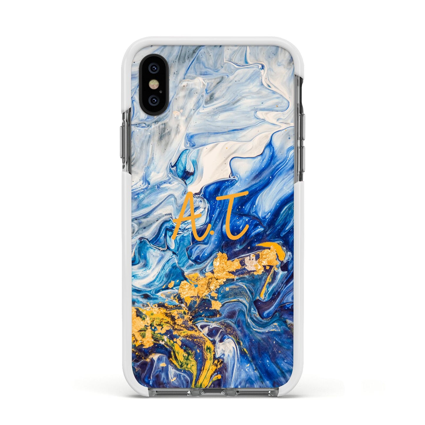 Blue And Gold Marble Apple iPhone Xs Impact Case White Edge on Black Phone