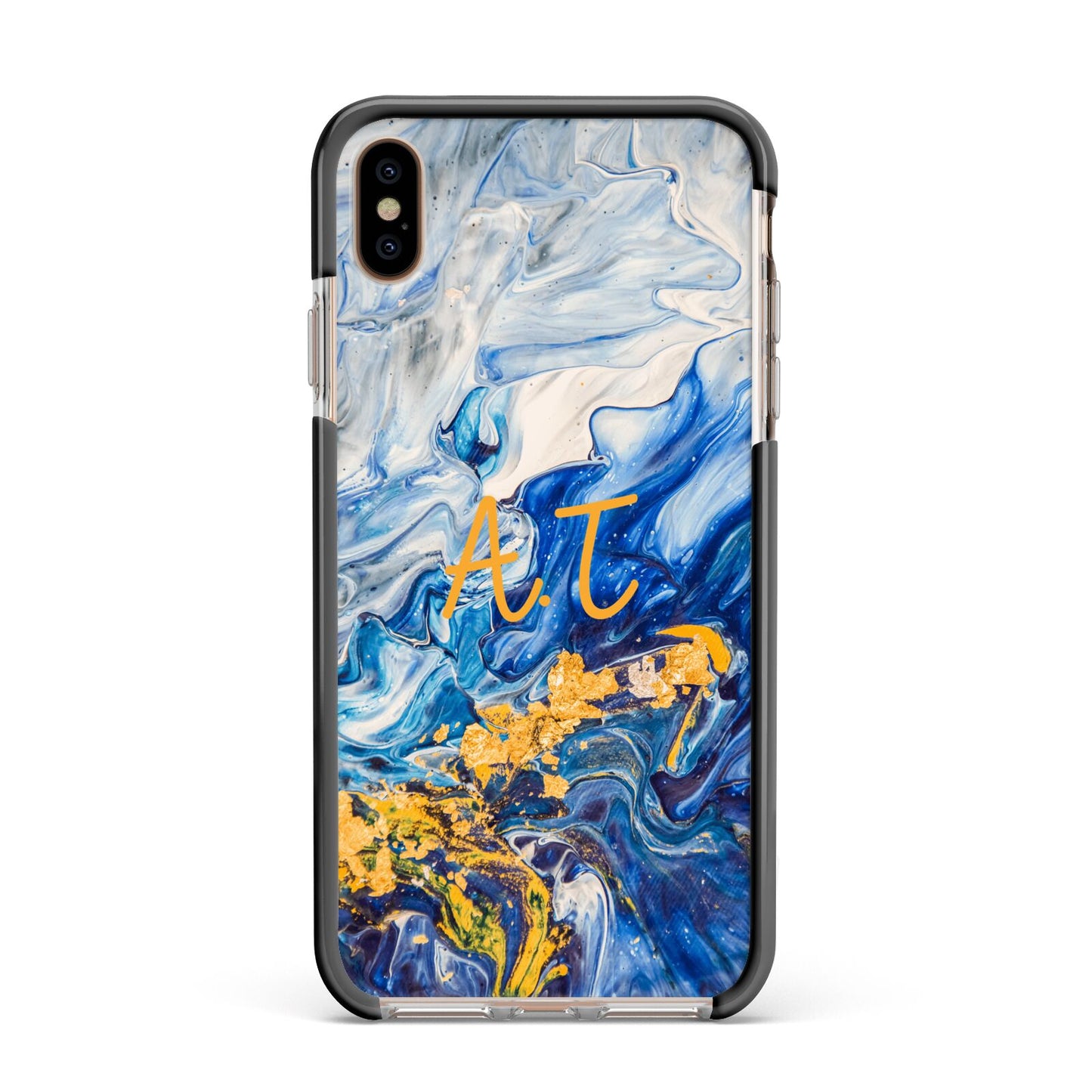 Blue And Gold Marble Apple iPhone Xs Max Impact Case Black Edge on Gold Phone
