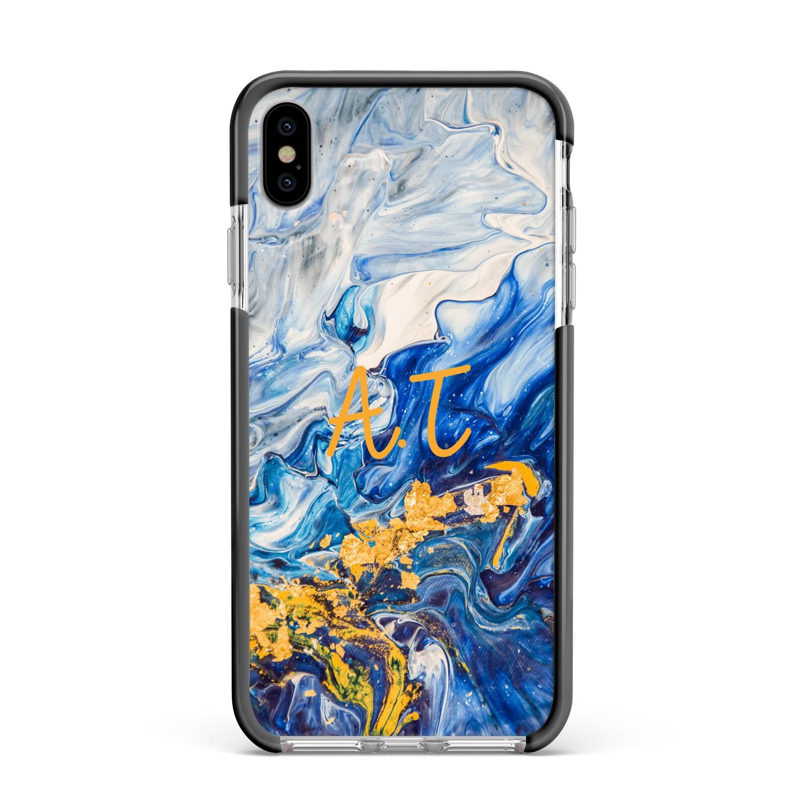 Blue And Gold Marble Apple iPhone Xs Max Impact Case Black Edge on Silver Phone