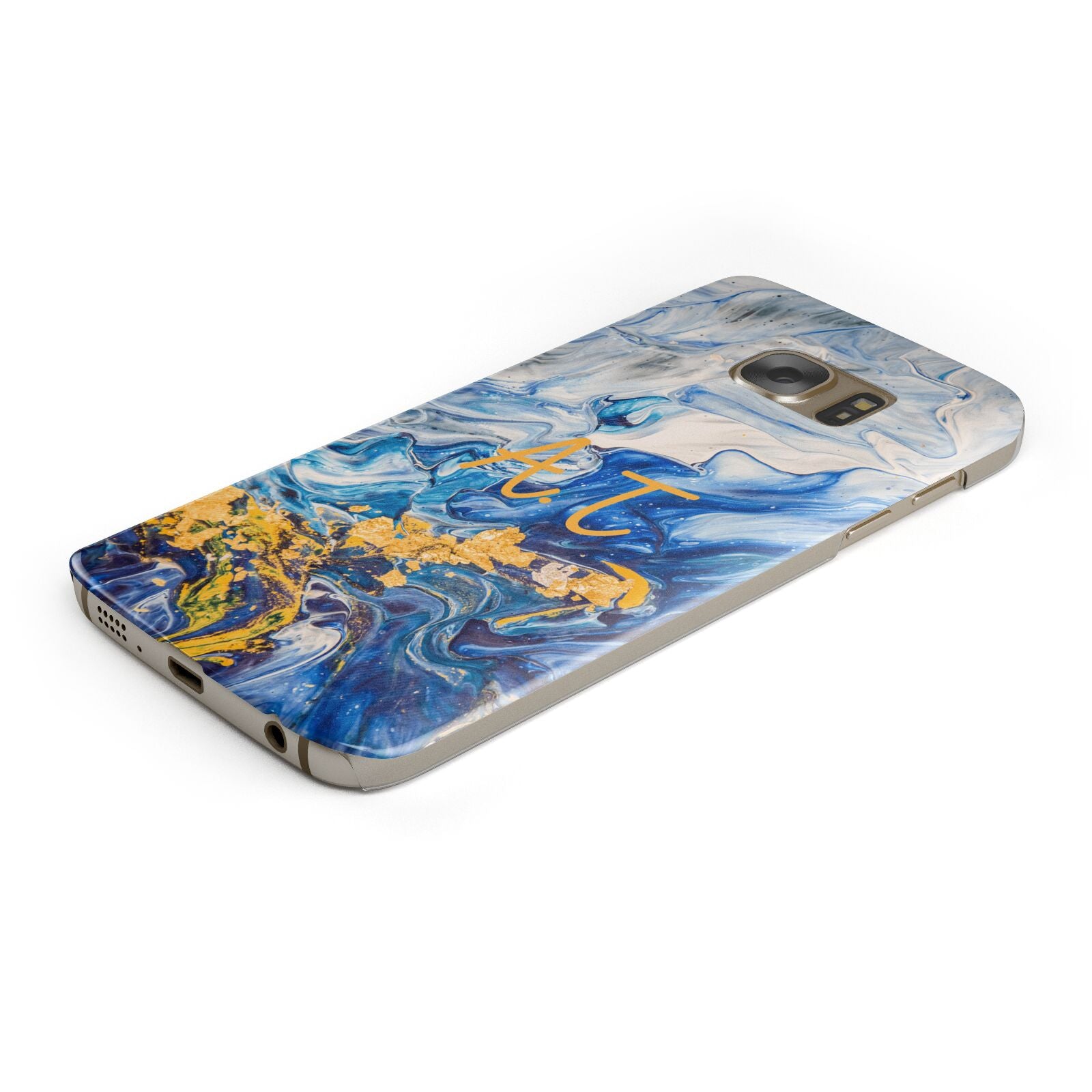 Blue And Gold Marble Protective Samsung Galaxy Case Angled Image