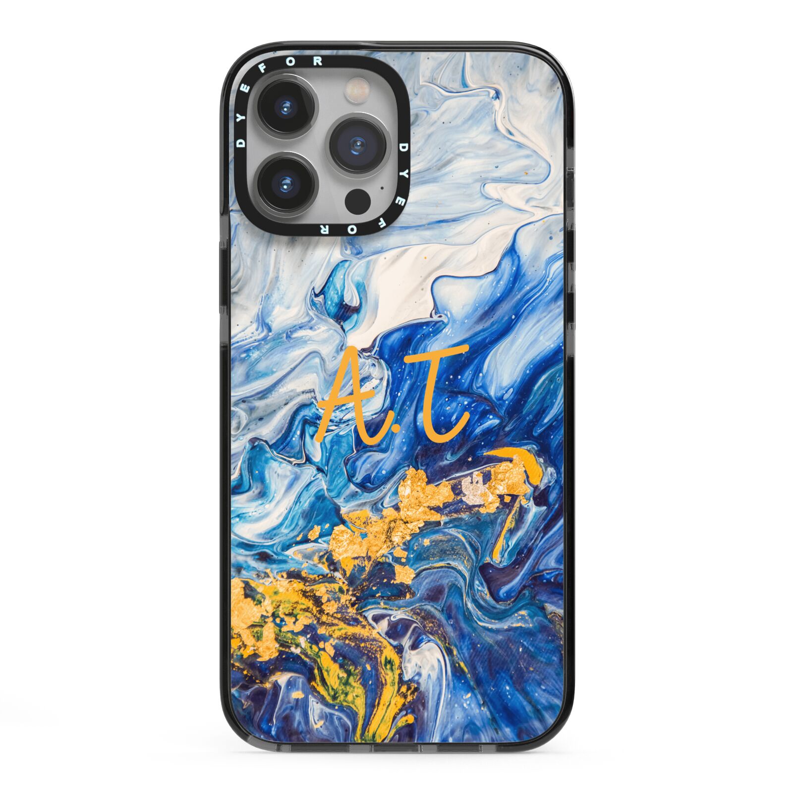 Blue And Gold Marble iPhone 13 Pro Max Black Impact Case on Silver phone