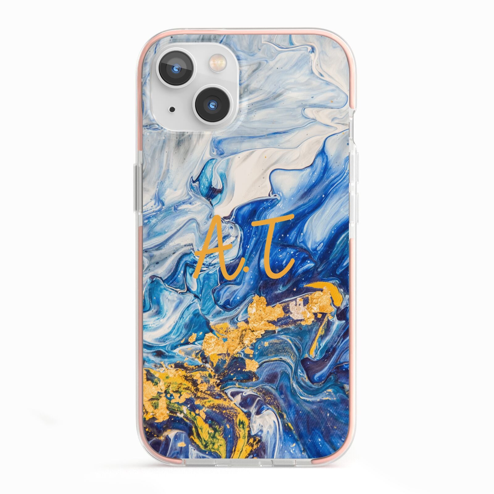 Blue And Gold Marble iPhone 13 TPU Impact Case with Pink Edges