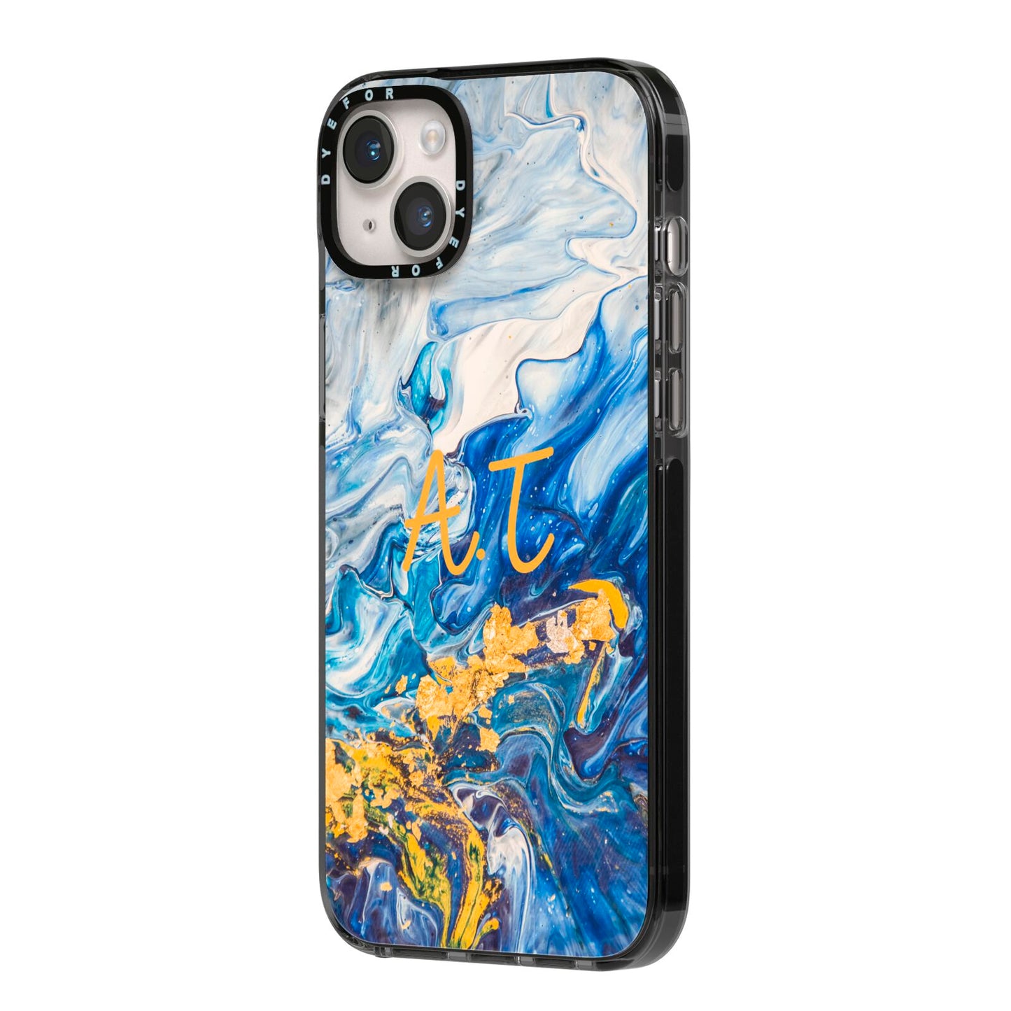Blue And Gold Marble iPhone 14 Plus Black Impact Case Side Angle on Silver phone