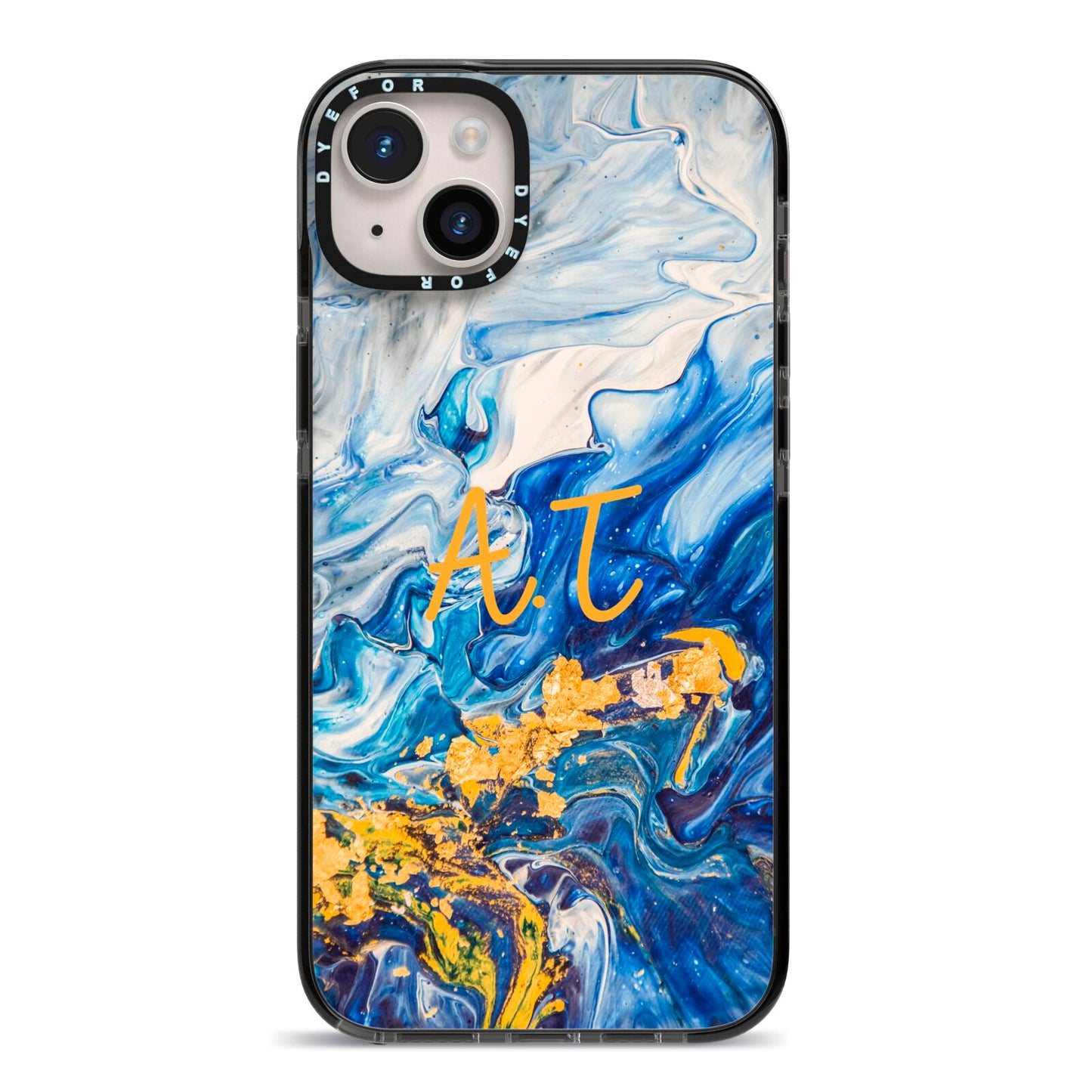 Blue And Gold Marble iPhone 14 Plus Black Impact Case on Silver phone