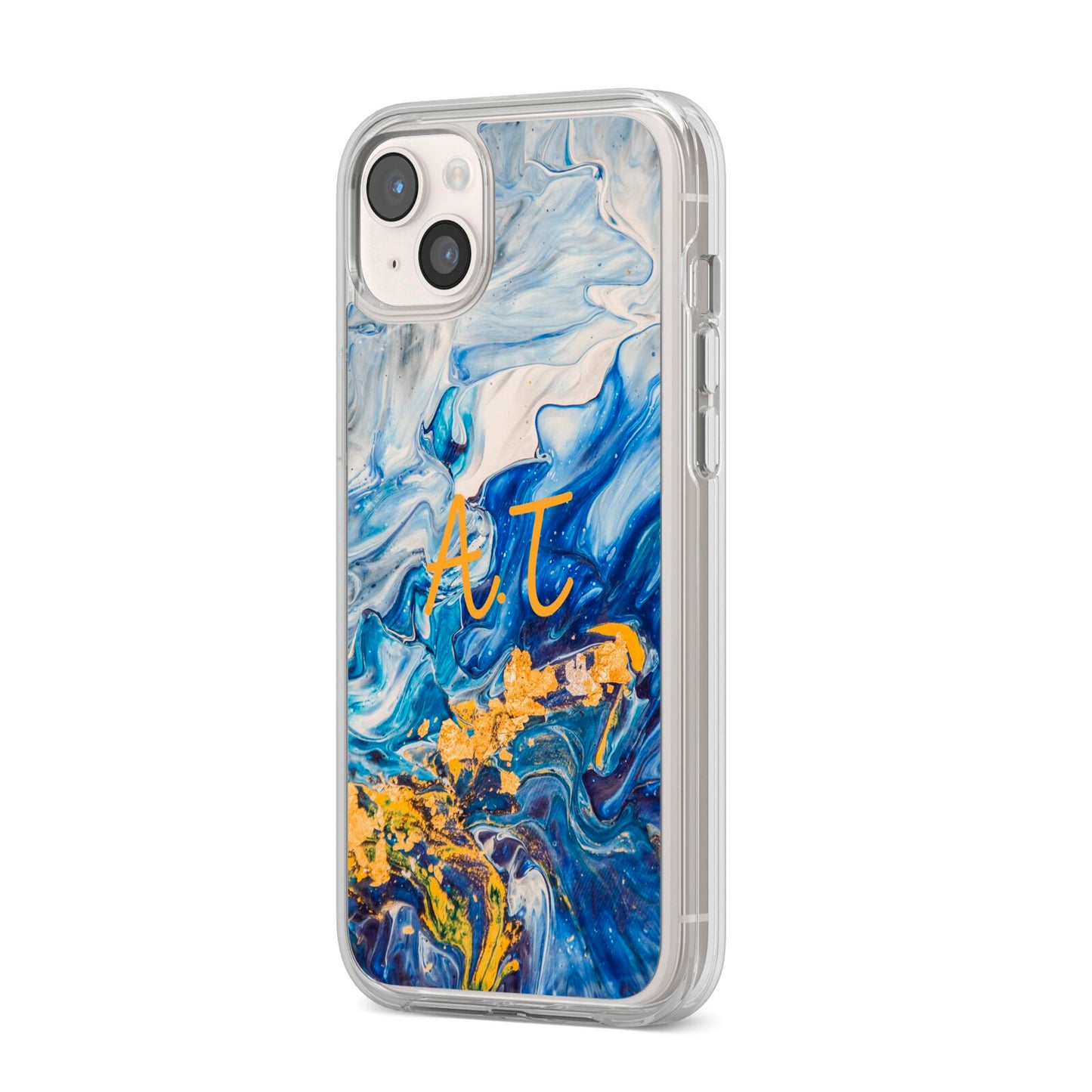 Blue And Gold Marble iPhone 14 Plus Clear Tough Case Starlight Angled Image