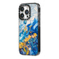 Blue And Gold Marble iPhone 14 Pro Black Impact Case Side Angle on Silver phone