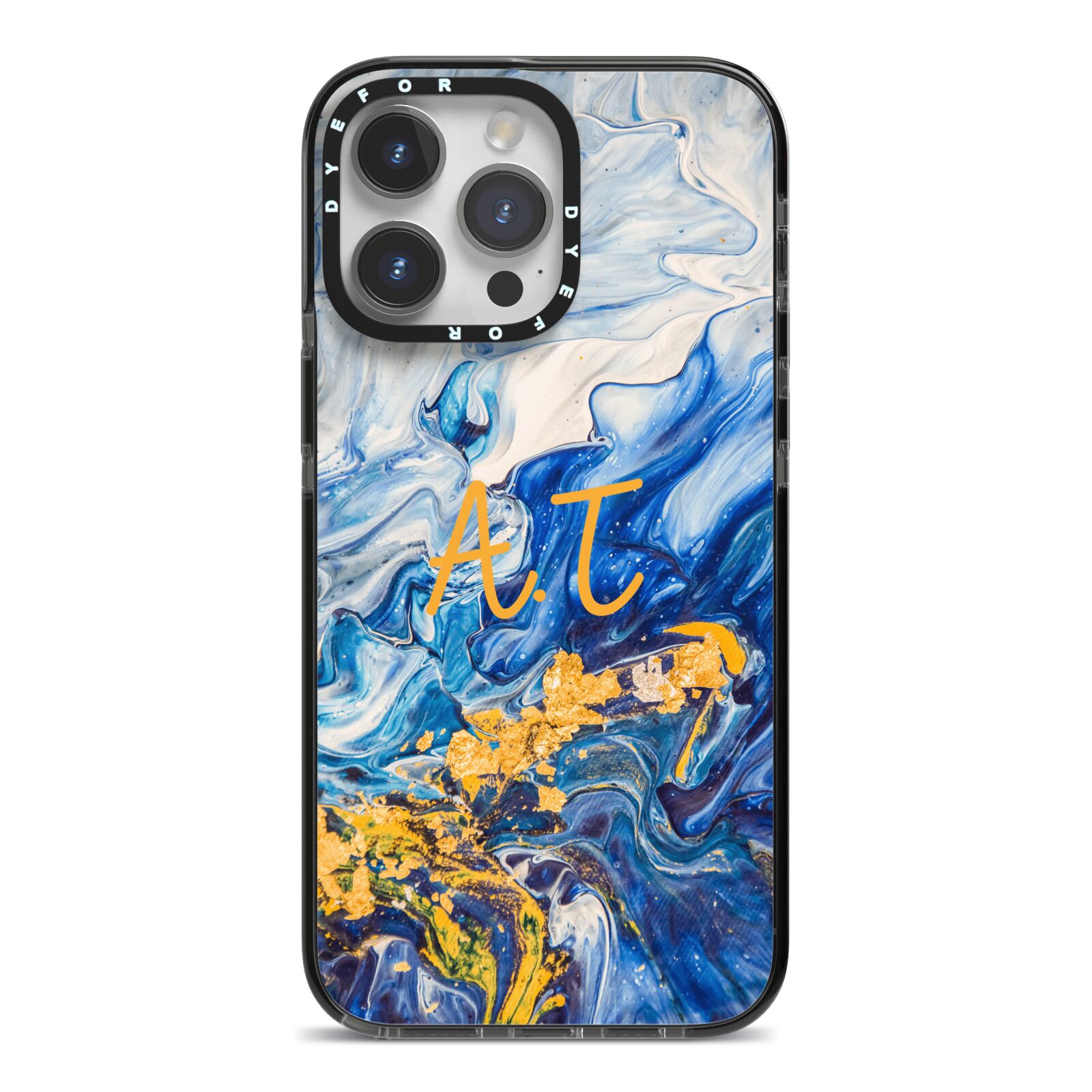 Blue And Gold Marble iPhone 14 Pro Max Black Impact Case on Silver phone