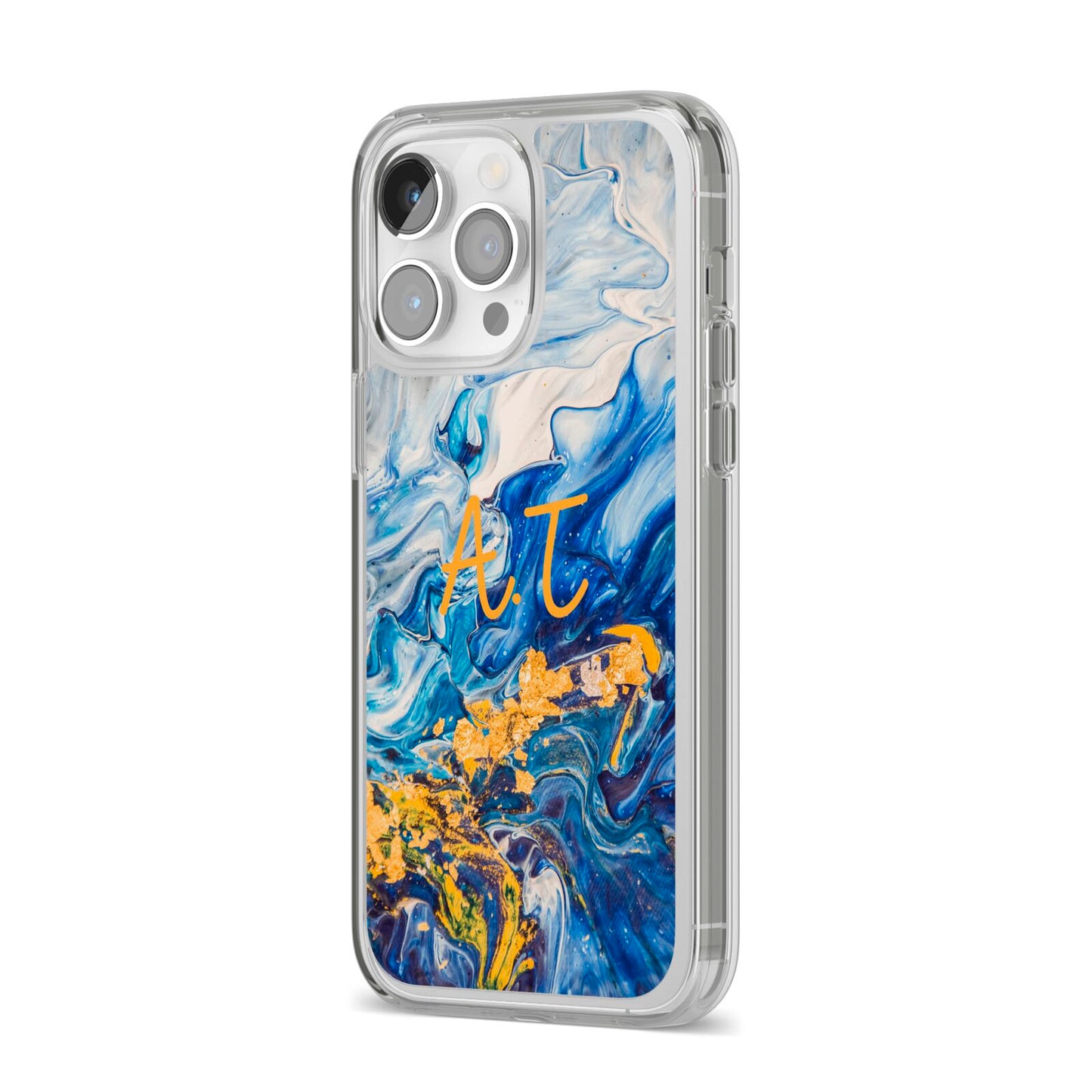 Blue And Gold Marble iPhone 14 Pro Max Clear Tough Case Silver Angled Image