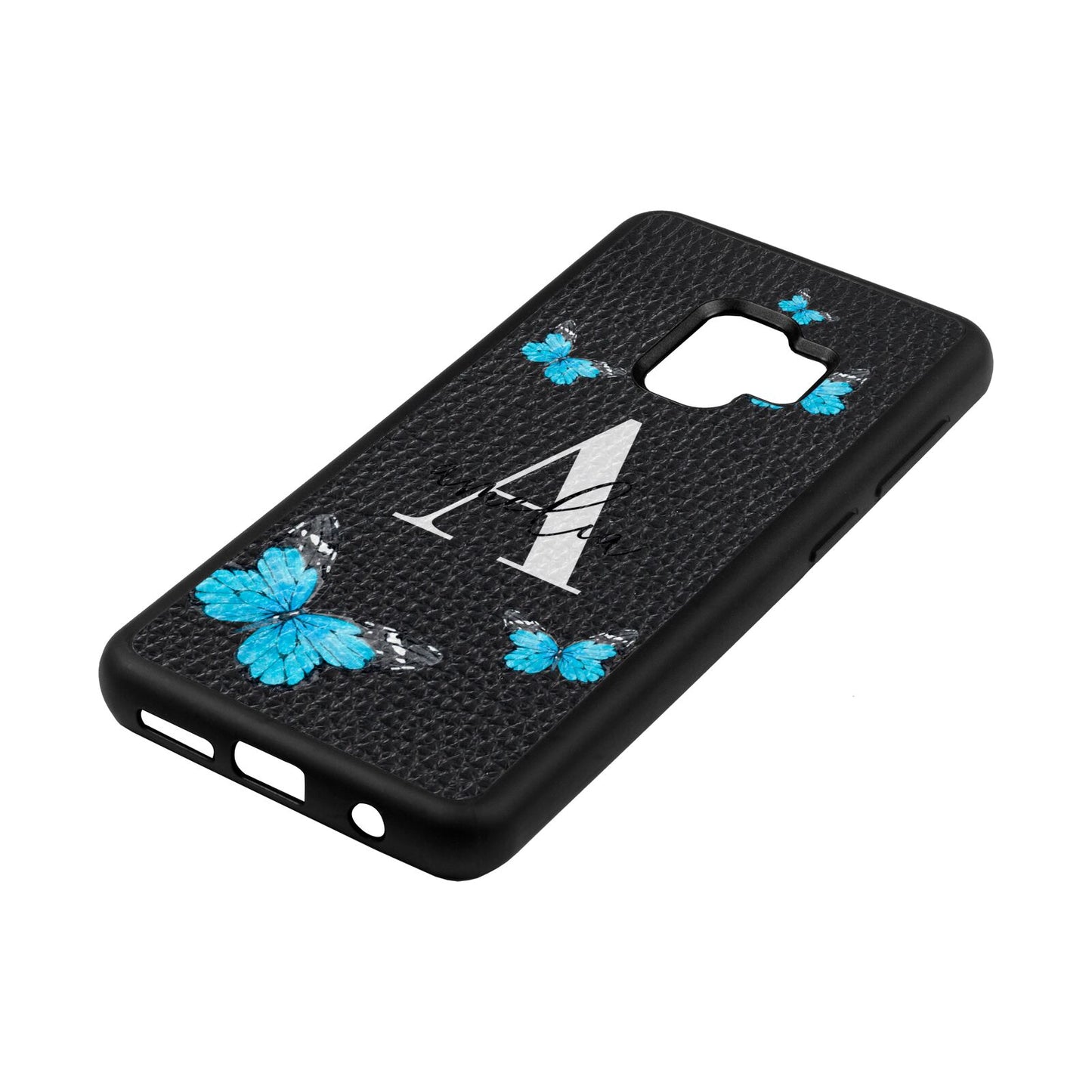 Blue Butterflies with Initial and Name Black Pebble Leather Samsung S9 Case Side Angle