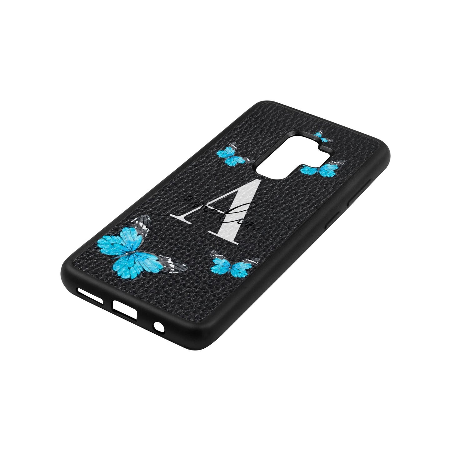 Blue Butterflies with Initial and Name Black Pebble Leather Samsung S9 Plus Case Side Angle