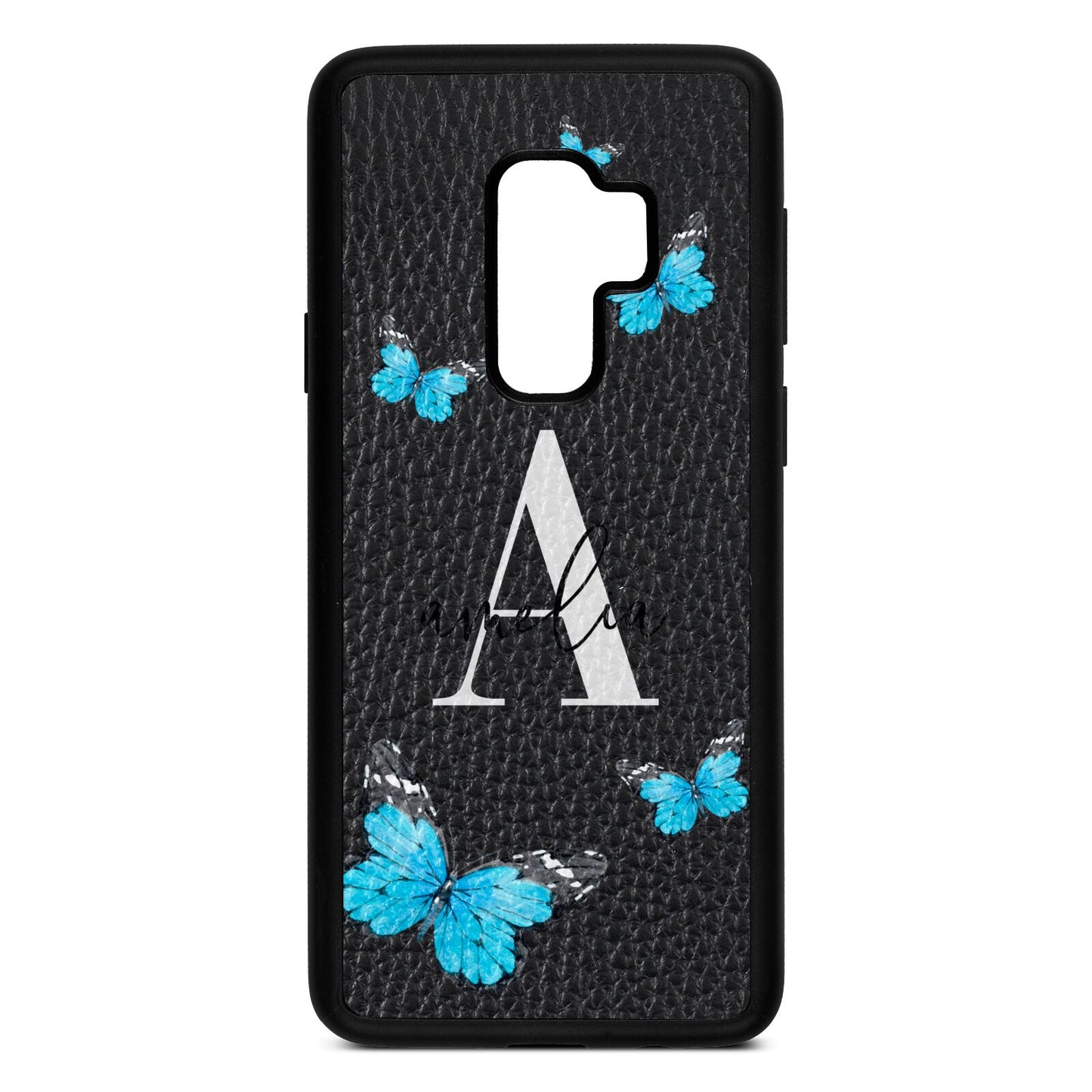 Blue Butterflies with Initial and Name Black Pebble Leather Samsung S9 Plus Case