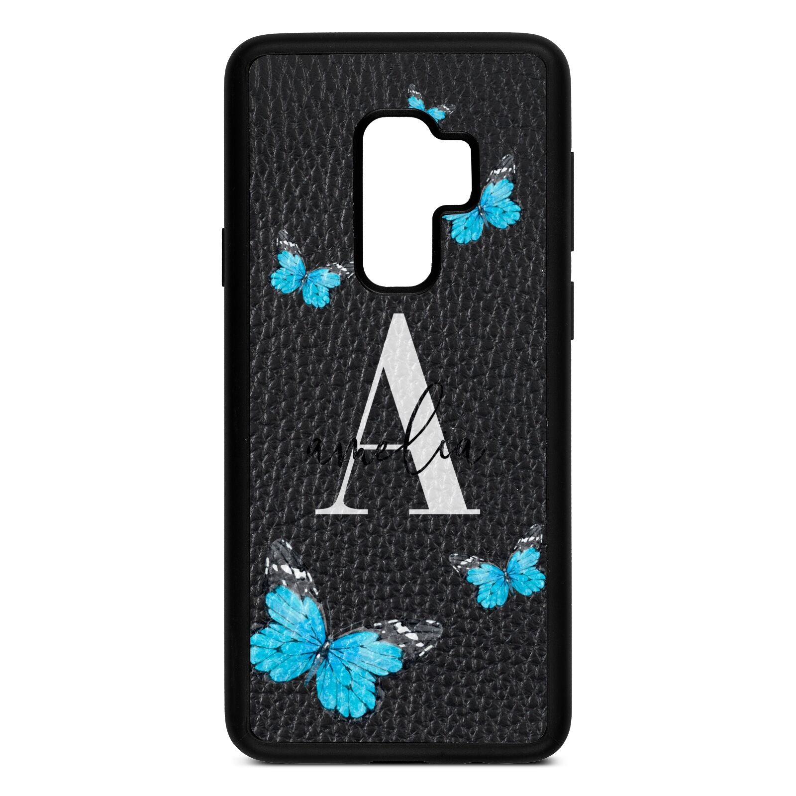 Blue Butterflies with Initial and Name Black Pebble Leather Samsung S9 Plus Case