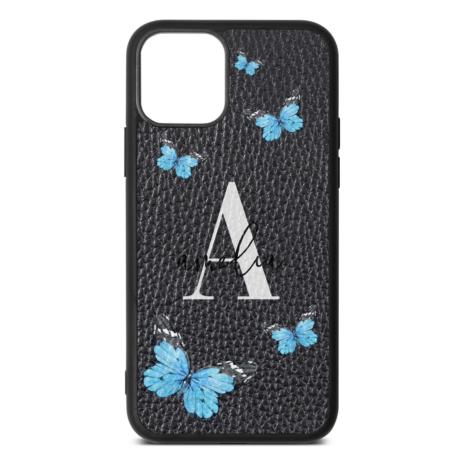 Blue Butterflies with Initial and Name Black Pebble Leather iPhone 11 Case