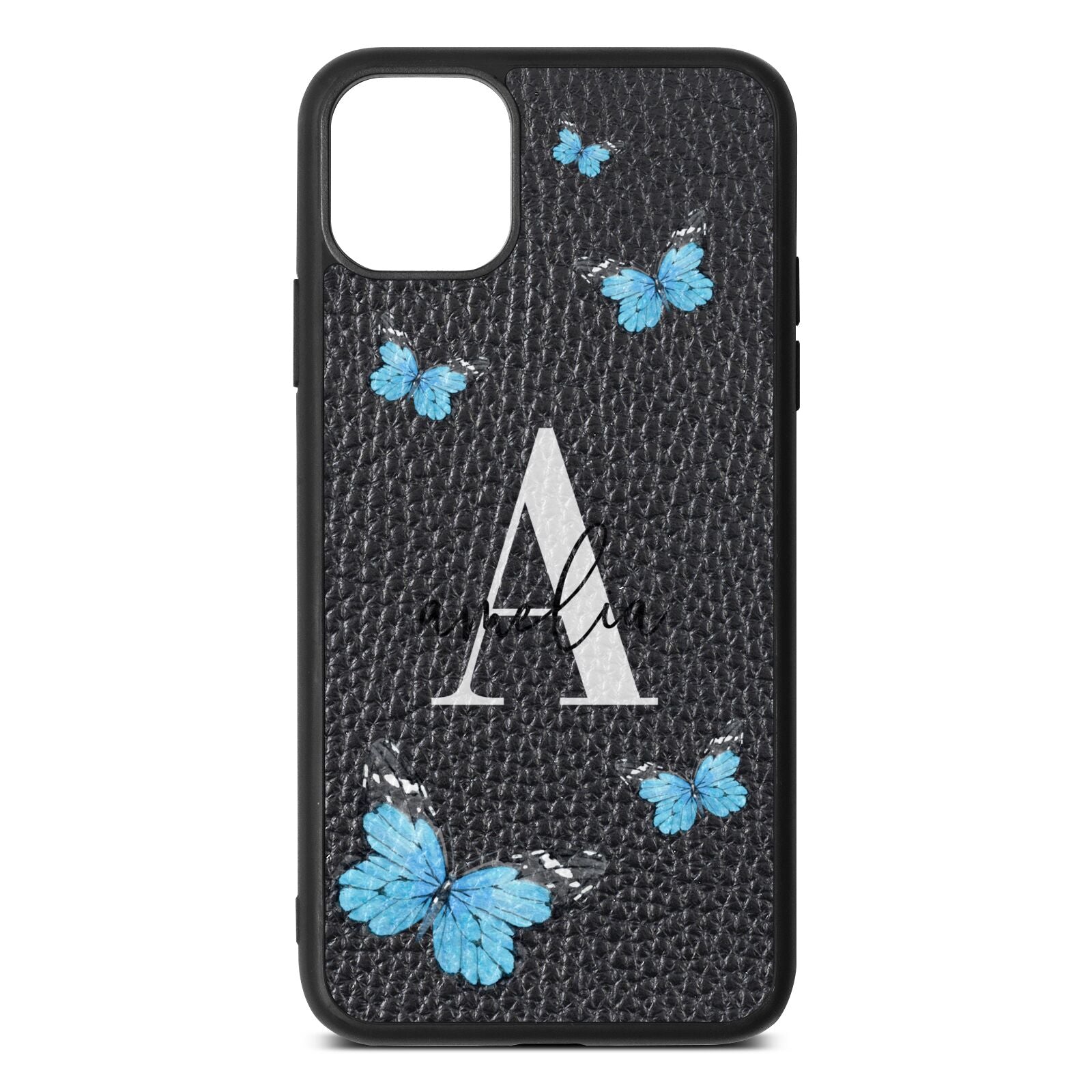 Blue Butterflies with Initial and Name Black Pebble Leather iPhone 11 Pro Max Case