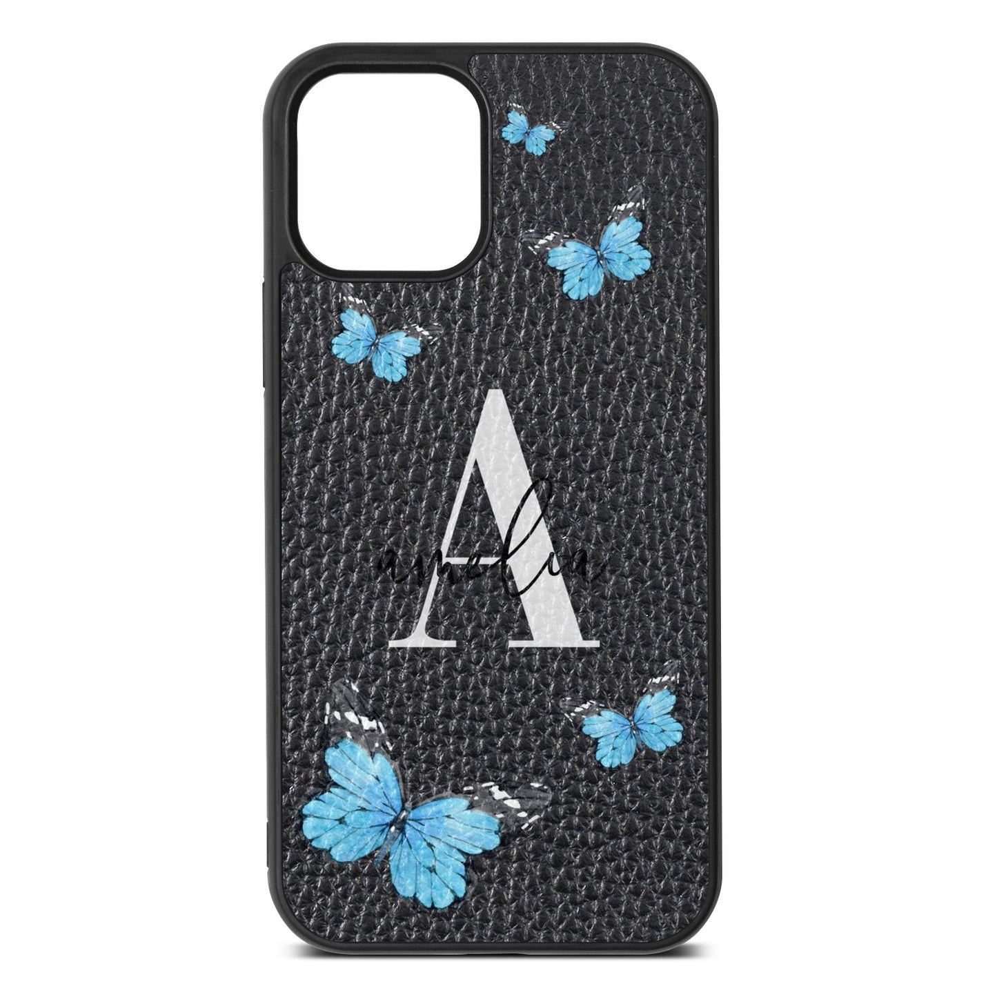 Blue Butterflies with Initial and Name Black Pebble Leather iPhone 12 Case