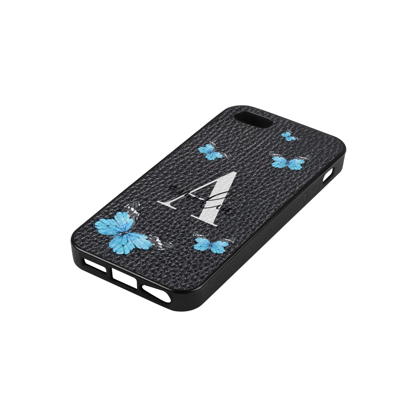 Blue Butterflies with Initial and Name Black Pebble Leather iPhone 5 Case Side Angle